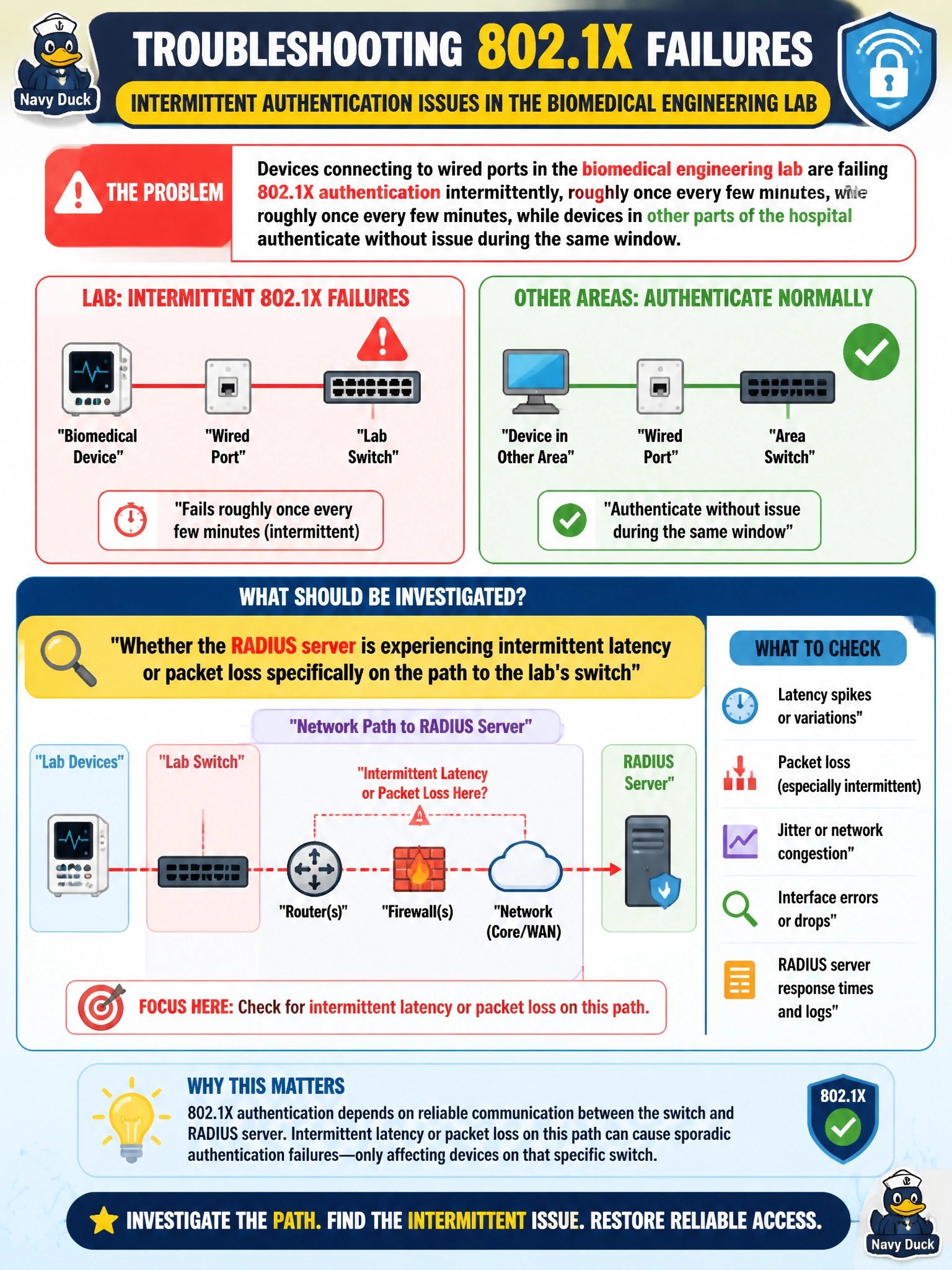 To Create an exciting colorful infographic that explains the concepts in the question: Question: Devices connecting to wired ports in the biomedical engineering lab are failing 802.1X authentication intermittently, roughly once every few minutes, while devices in other parts of the hospital authenticate without issue during the same window. What should be investigated? Correct Answer: Whether the RADIUS server is experiencing intermittent latency or packet loss specifically on the path to the lab's switch Put EVERY visible label in double quotes. No people. No A/B/C/D letters. In one of the four corners put a little "Navy Duck".