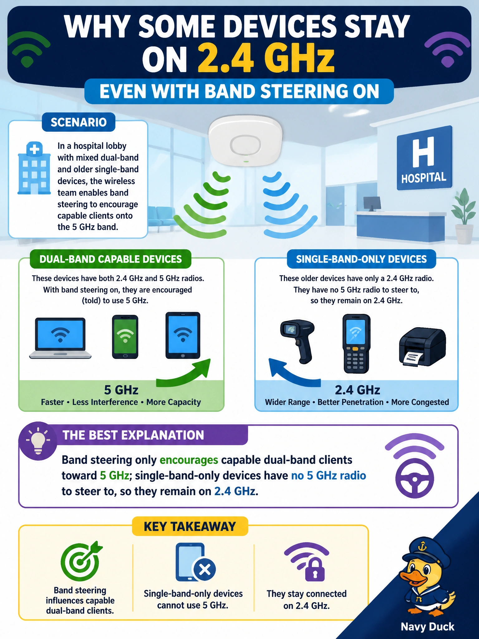 To Create an exciting colorful infographic that explains the concepts in the question: Question: In a hospital lobby with mixed dual-band and older single-band devices, the wireless team enables band steering to encourage capable clients onto the 5 GHz band. A staff member later asks why some older handheld scanners still connect on 2.4 GHz even with the feature turned on. What is the best explanation? Correct Answer: Band steering only encourages capable dual-band clients toward 5 GHz; single-band-only devices have no 5 GHz radio to steer to, so they remain on 2.4 GHz Put EVERY visible label in double quotes. No people. No A/B/C/D letters. In one of the four corners put a little "Navy Duck".