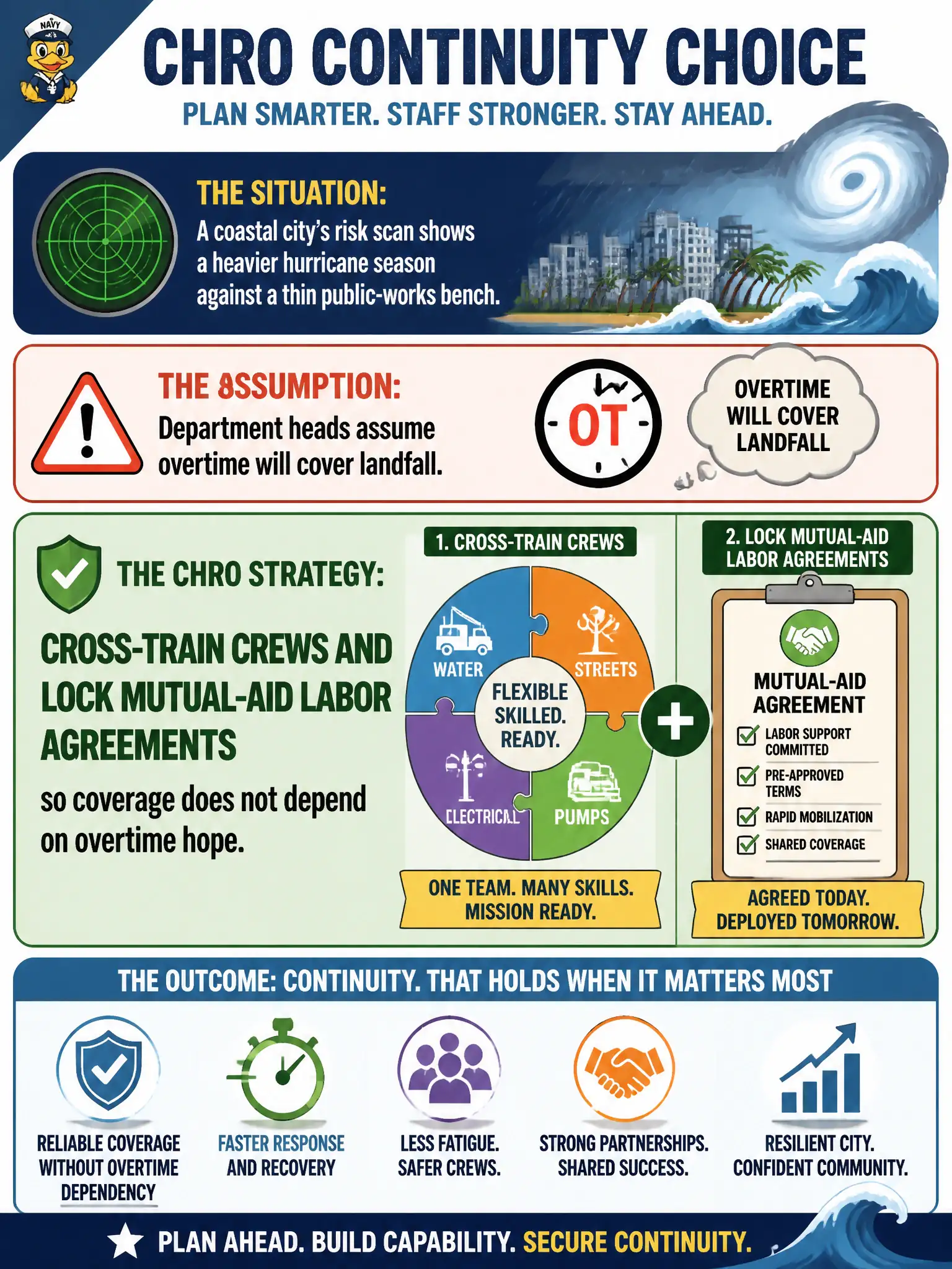 To Create an exciting colorful infographic that explains the concepts in the question: Question: A coastal city's risk scan shows a heavier hurricane season against a thin public-works bench. Department heads assume overtime will cover landfall. What continuity strategy should the CHRO choose? Correct Answer: Cross-train crews and lock mutual-aid labor agreements so coverage does not depend on overtime hope. Put EVERY visible label in double quotes. No people. No A/B/C/D letters. In one of the four corners put a little "Navy Duck".