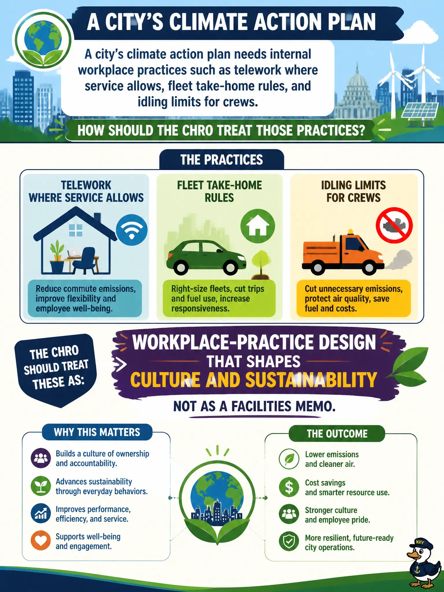 To Create an exciting colorful infographic that explains the concepts in the question: Question: A city's climate action plan needs internal workplace practices such as telework where service allows, fleet take-home rules, and idling limits for crews. How should the CHRO treat those practices? Correct Answer: As workplace-practice design that shapes culture and sustainability, not as a facilities memo. Put EVERY visible label in double quotes. No people. No A/B/C/D letters. In one of the four corners put a little "Navy Duck".