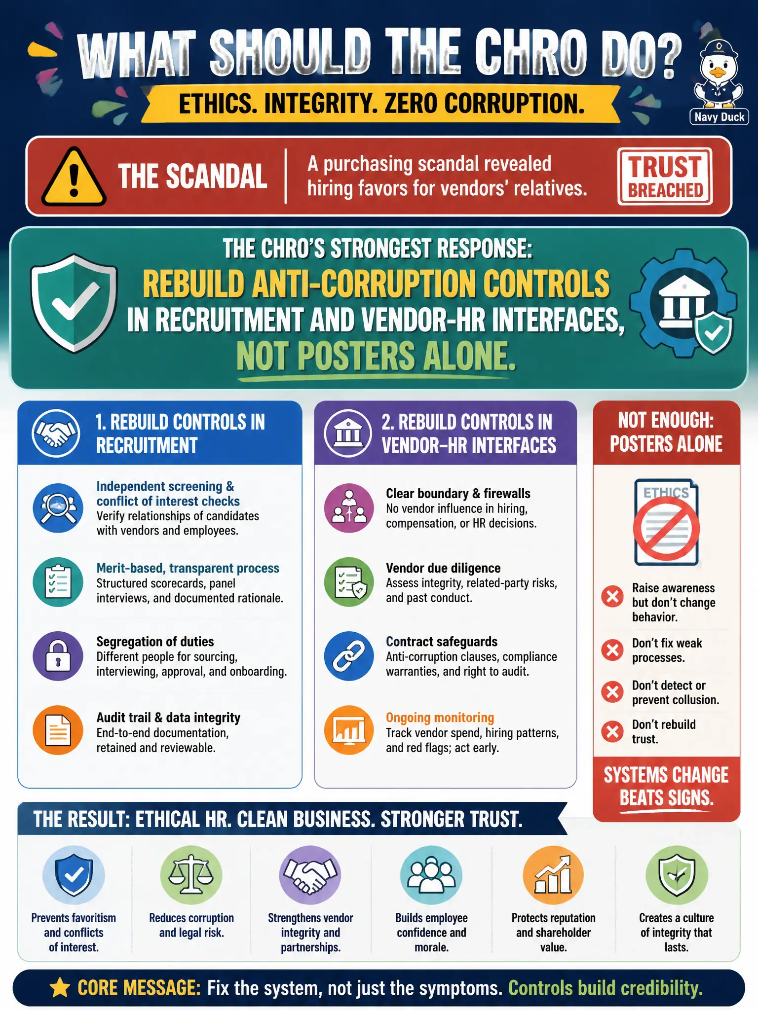 To Create an exciting colorful infographic that explains the concepts in the question: Question: A purchasing scandal revealed hiring favors for vendors' relatives. What is the CHRO's strongest ethics and anti-corruption response? Correct Answer: Rebuild anti-corruption controls in recruitment and vendor-HR interfaces, not posters alone. Put EVERY visible label in double quotes. No people. No A/B/C/D letters. In one of the four corners put a little "Navy Duck".