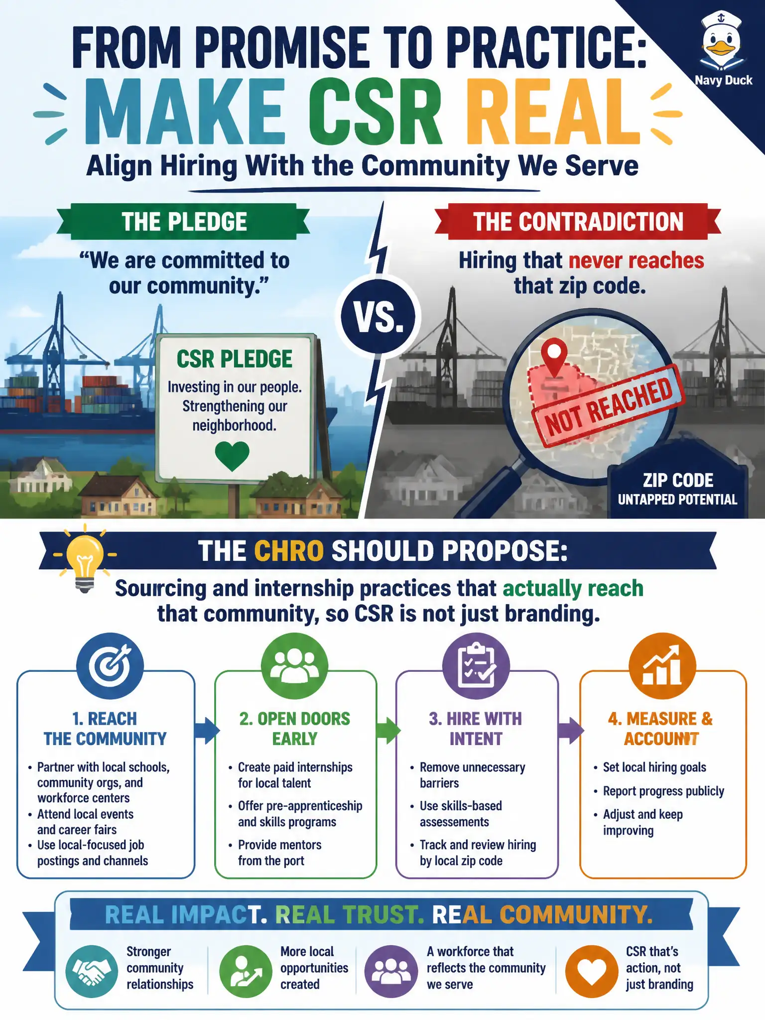 To Create an exciting colorful infographic that explains the concepts in the question: Question: A port authority's CSR pledge to the adjacent neighborhood is contradicted by hiring that never reaches that zip code. What should the CHRO propose? Correct Answer: Sourcing and internship practices that actually reach that community, so CSR is not just branding. Put EVERY visible label in double quotes. No people. No A/B/C/D letters. In one of the four corners put a little "Navy Duck".