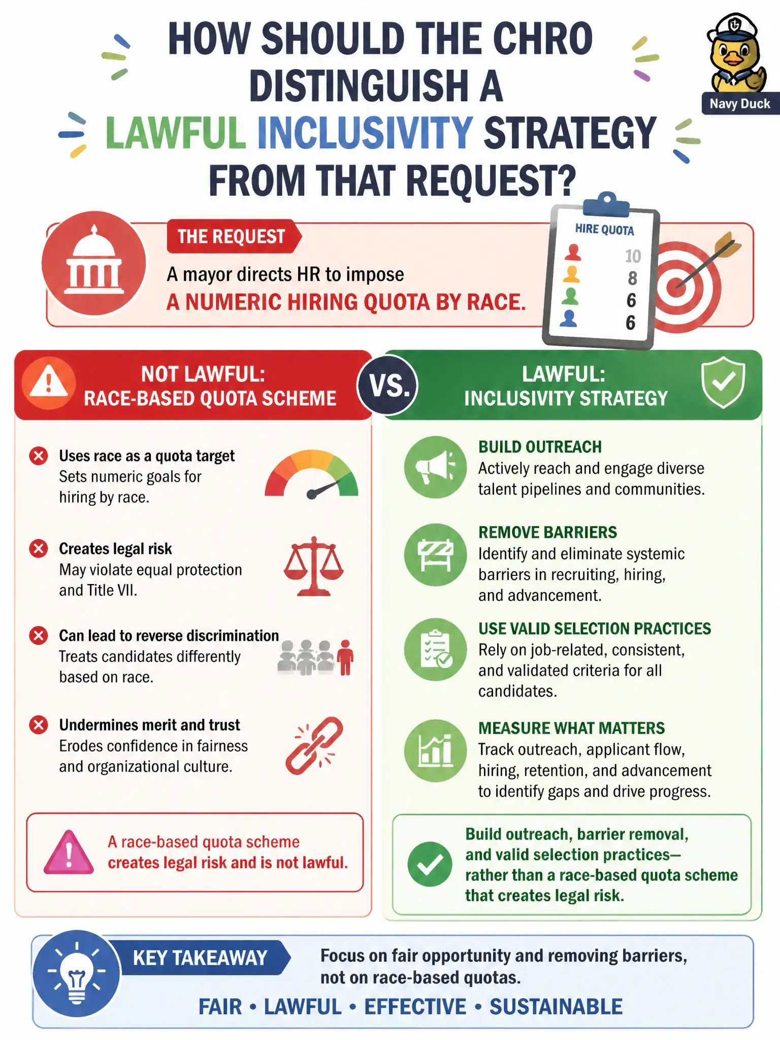 To Create an exciting colorful infographic that explains the concepts in the question: Question: A mayor directs HR to impose a numeric hiring quota by race. How should the CHRO distinguish a lawful inclusivity strategy from that request? Correct Answer: Build outreach, barrier removal, and valid selection practices rather than a race-based quota scheme that creates legal risk Put EVERY visible label in double quotes. No people. No A/B/C/D letters. In one of the four corners put a little "Navy Duck".