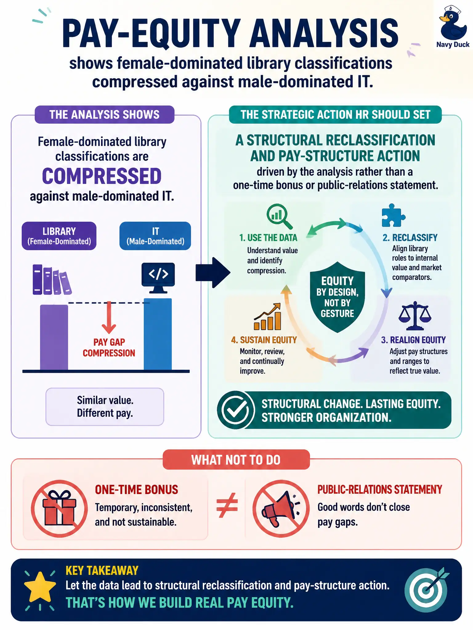 To Create an exciting colorful infographic that explains the concepts in the question: Question: Pay-equity analysis shows female-dominated library classifications compressed against male-dominated IT. Which strategic action should HR set? Correct Answer: A structural reclassification and pay-structure action driven by the analysis rather than a one-time bonus or public-relations statement Put EVERY visible label in double quotes. No people. No A/B/C/D letters. In one of the four corners put a little "Navy Duck".