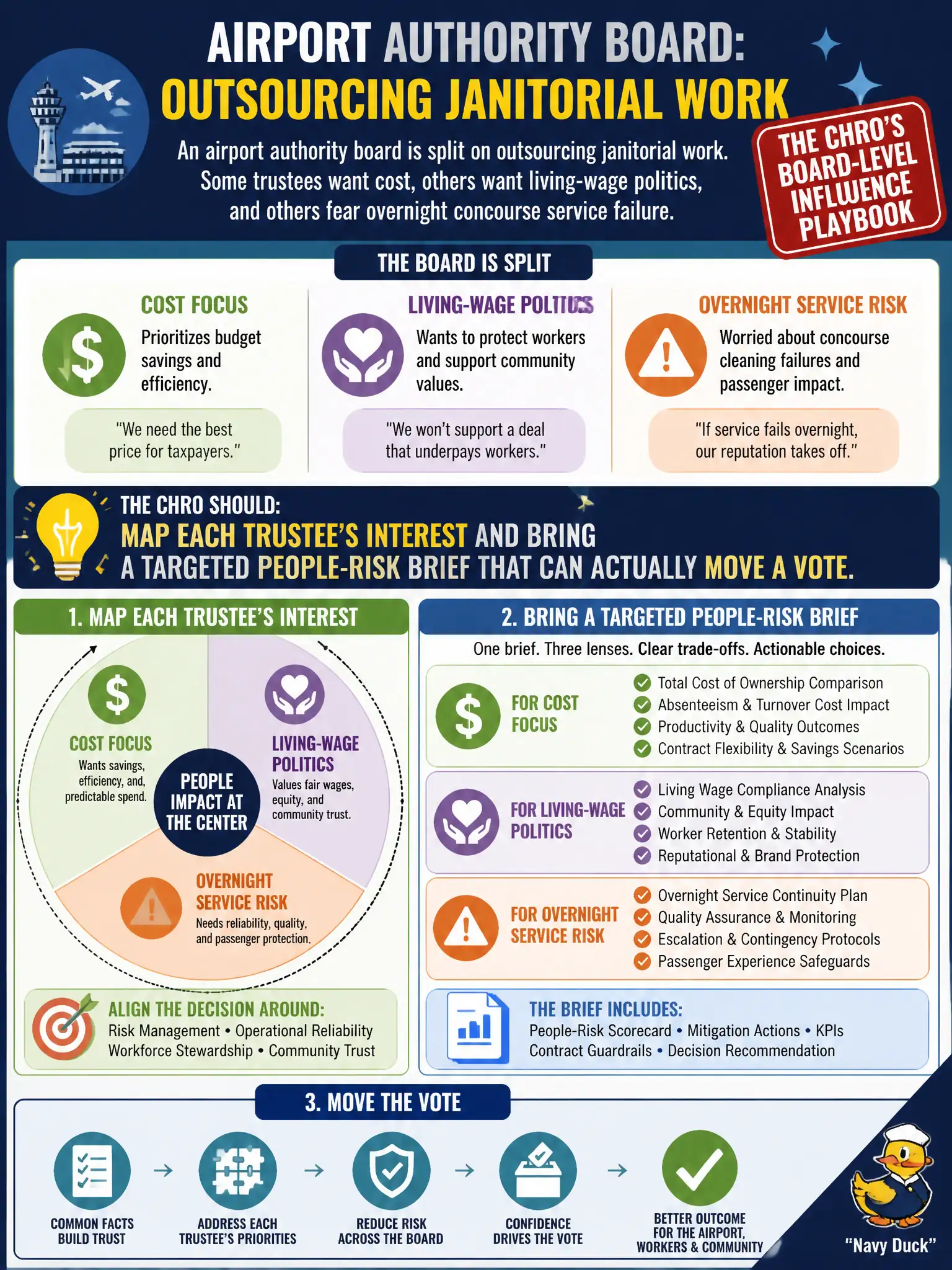 To Create an exciting colorful infographic that explains the concepts in the question: Question: An airport authority board is split on outsourcing janitorial work. Some trustees want cost, others want living-wage politics, and others fear overnight concourse service failure. What board-level influence approach should the CHRO take? Correct Answer: Map each trustee's interest and bring a targeted people-risk brief that can actually move a vote. Put EVERY visible label in double quotes. No people. No A/B/C/D letters. In one of the four corners put a little "Navy Duck".