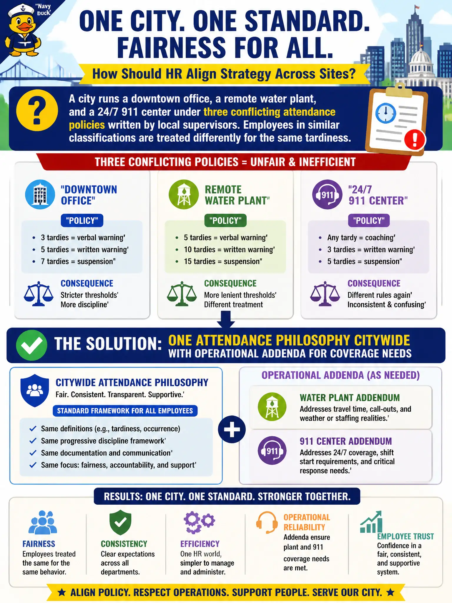 To Create an exciting colorful infographic that explains the concepts in the question: Question: A city runs a downtown office, a remote water plant, and a 24/7 911 center under three conflicting attendance policies written by local supervisors. Employees in similar classifications are treated differently for the same tardiness. How should HR align strategy across sites? Correct Answer: Set one attendance philosophy citywide and allow operational addenda for plant and 911 coverage, rather than three unrelated HR worlds. Put EVERY visible label in double quotes. No people. No A/B/C/D letters. In one of the four corners put a little "Navy Duck".