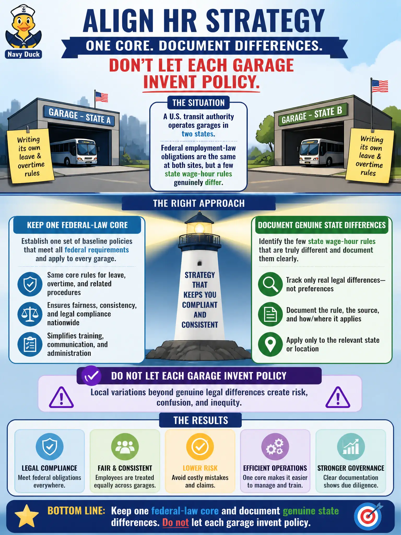 To Create an exciting colorful infographic that explains the concepts in the question: Question: A U.S. transit authority operates garages in two states. Each garage has begun writing its own leave and overtime rules. Federal employment-law obligations are the same at both sites, but a few state wage-hour rules genuinely differ. How should HR align strategy? Correct Answer: Keep one federal-law core and document genuine state differences; do not let each garage invent policy. Put EVERY visible label in double quotes. No people. No A/B/C/D letters. In one of the four corners put a little "Navy Duck".