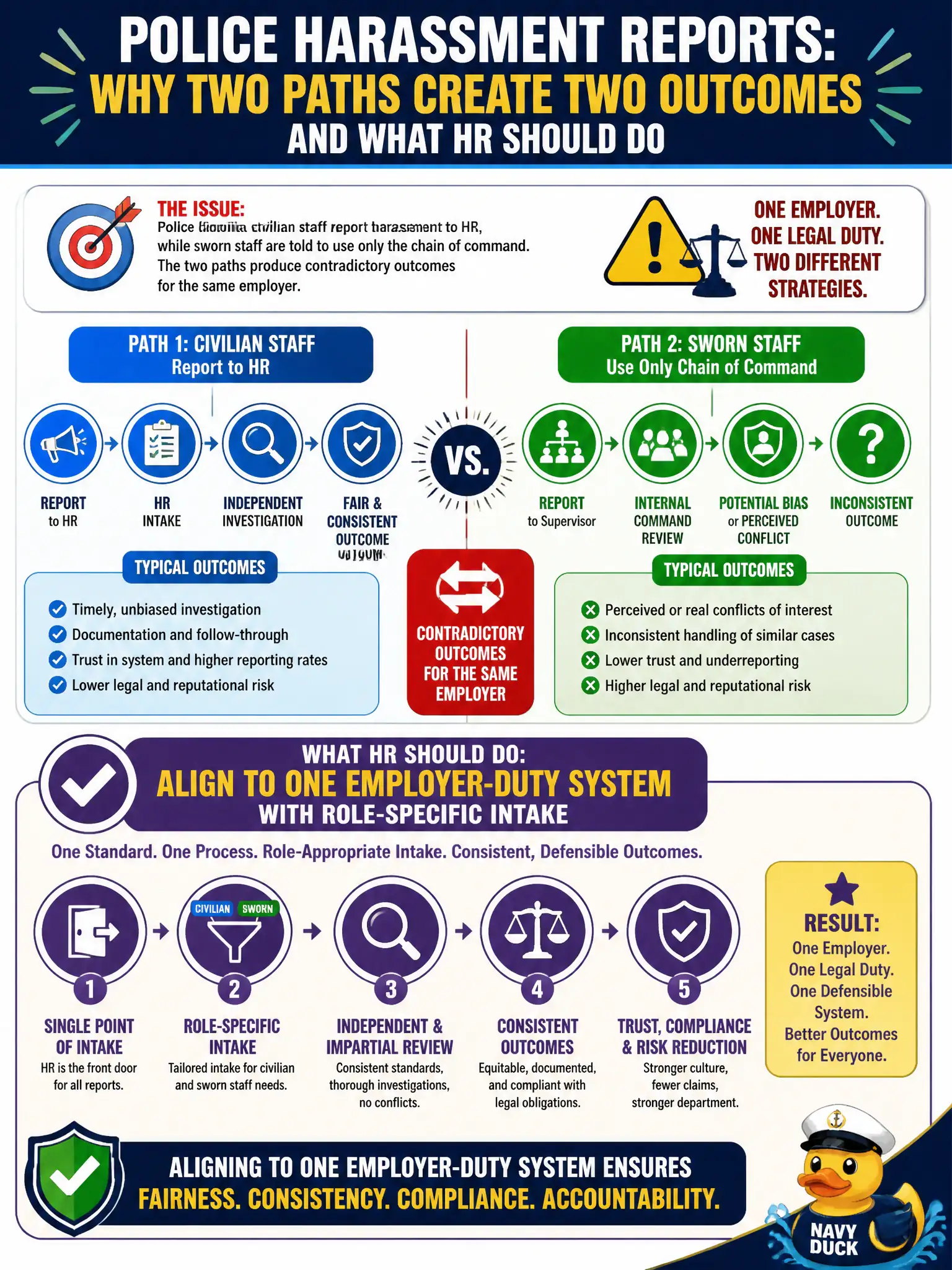 To Create an exciting colorful infographic that explains the concepts in the question: Question: Police civilian staff report harassment to HR, while sworn staff are told to use only the chain of command. The two paths produce contradictory outcomes for the same employer. What should HR do? Correct Answer: Align to one employer-duty system with role-specific intake so the city's legal obligation is not two different strategies. Put EVERY visible label in double quotes. No people. No A/B/C/D letters. In one of the four corners put a little "Navy Duck".