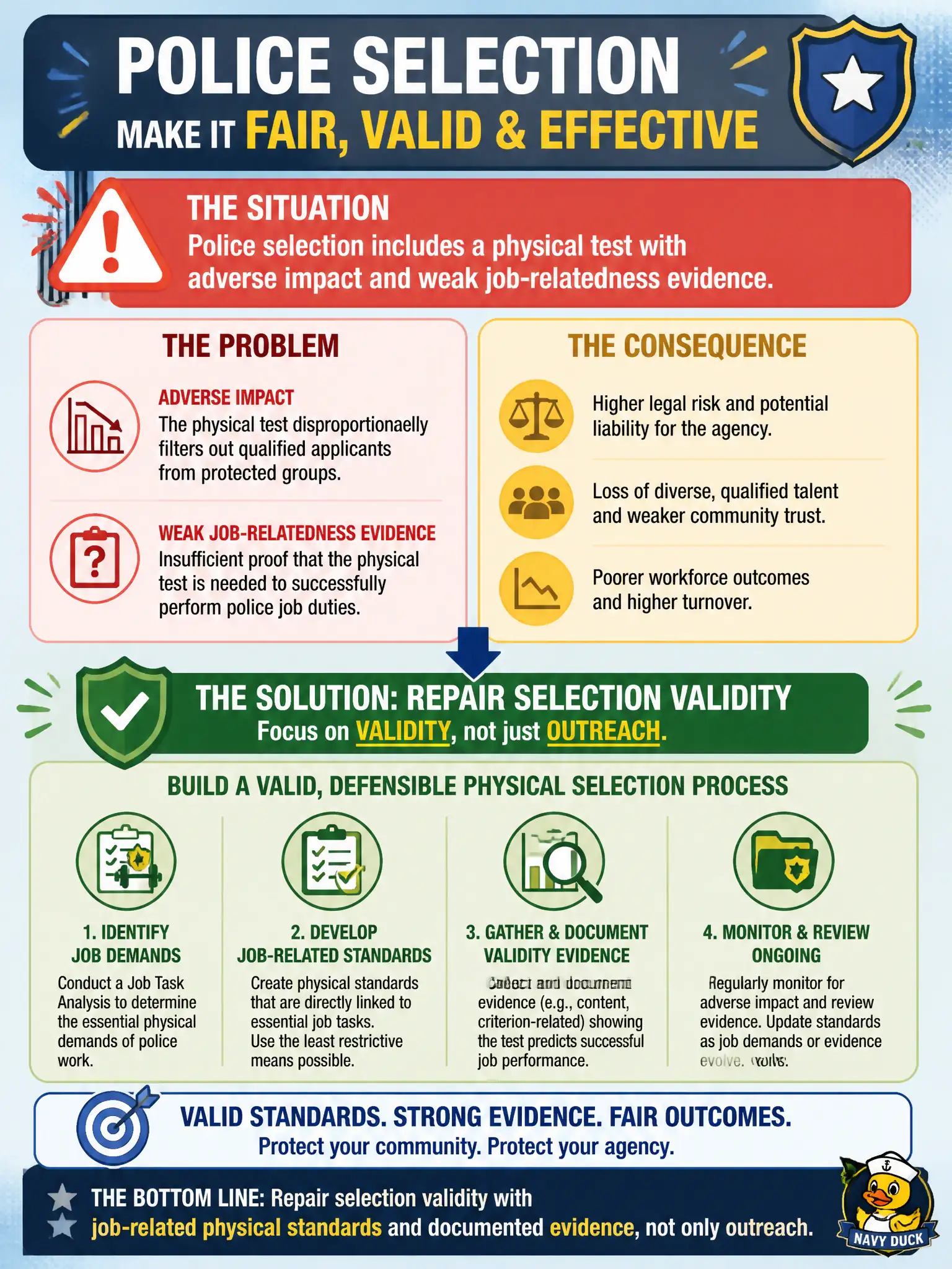 To Create an exciting colorful infographic that explains the concepts in the question: Question: Police selection includes a physical test with adverse impact and weak job-relatedness evidence. What should the recruitment strategy include? Correct Answer: Repair selection validity with job-related physical standards and documented evidence, not only outreach. Put EVERY visible label in double quotes. No people. No A/B/C/D letters. In one of the four corners put a little "Navy Duck".