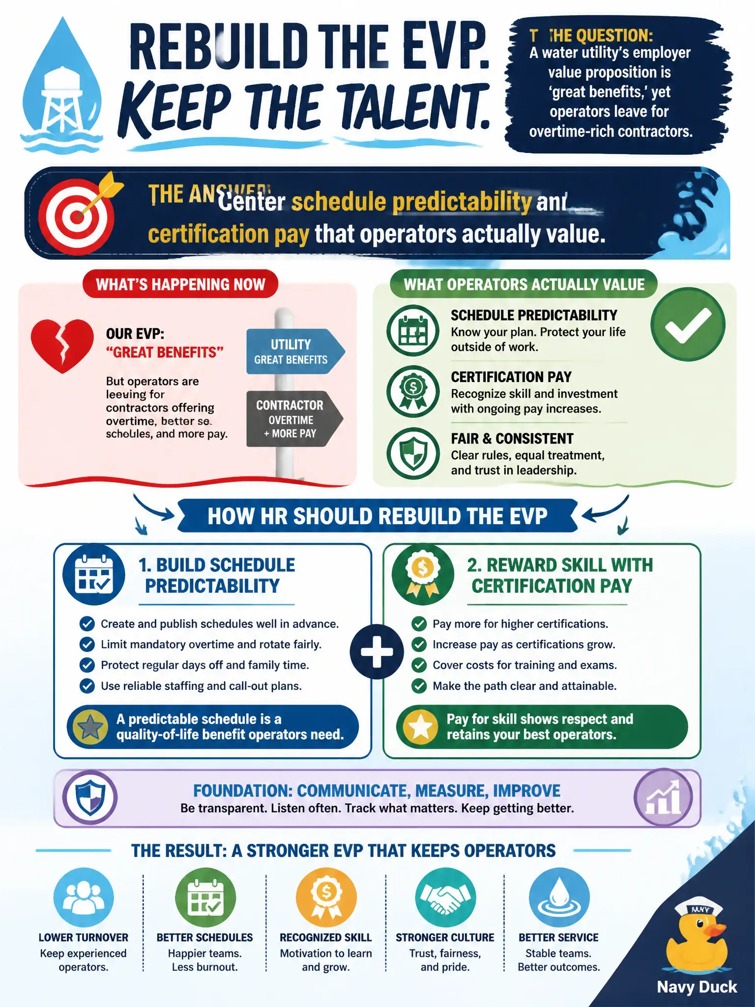 To Create an exciting colorful infographic that explains the concepts in the question: Question: A water utility's employer value proposition is 'great benefits,' yet operators leave for overtime-rich contractors. How should HR rebuild the EVP? Correct Answer: Center schedule predictability and certification pay that operators actually value. Put EVERY visible label in double quotes. No people. No A/B/C/D letters. In one of the four corners put a little "Navy Duck".