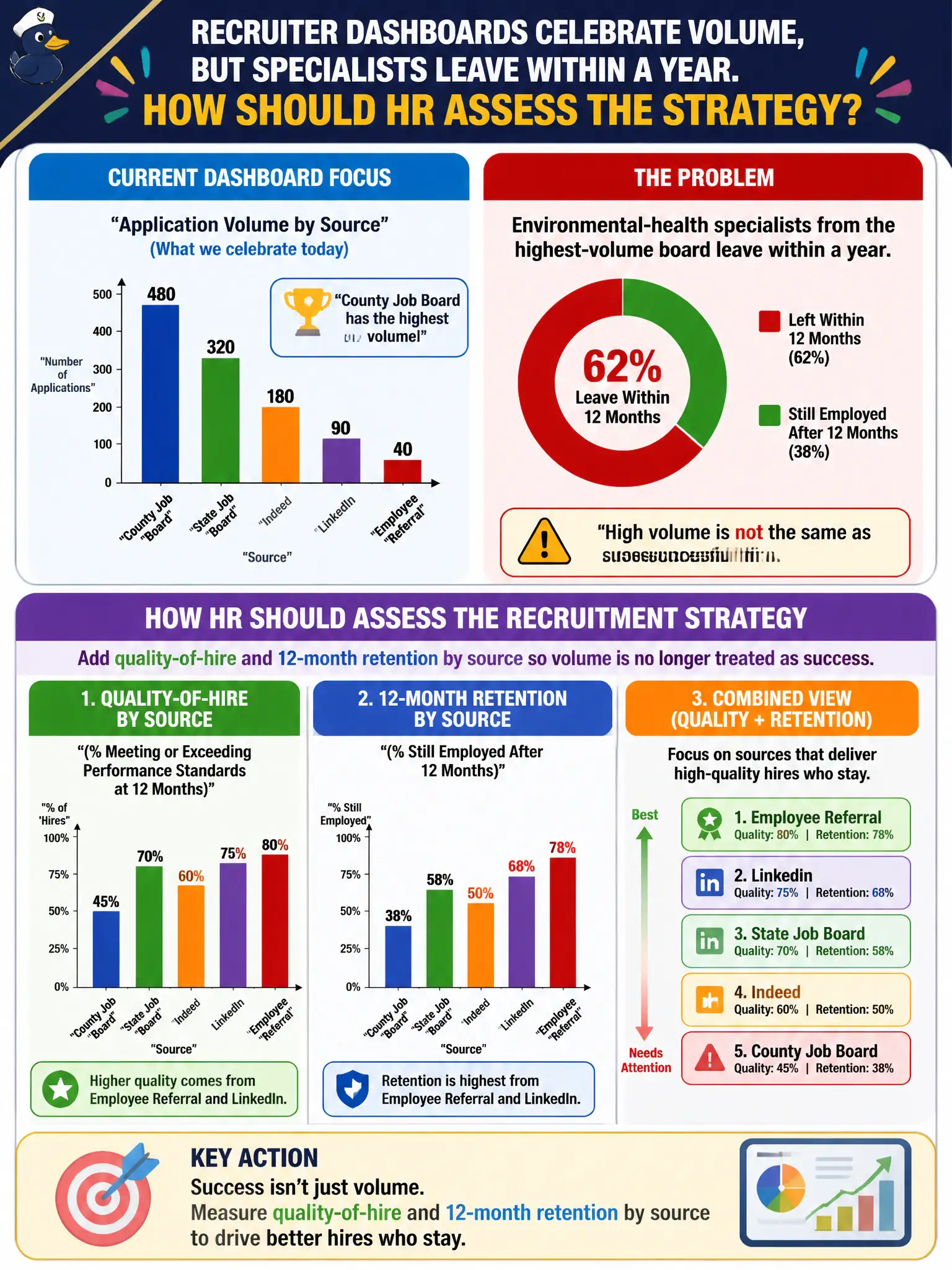 To Create an exciting colorful infographic that explains the concepts in the question: Question: Recruiter dashboards for a county health department celebrate application volume by source, yet environmental-health specialists from the highest-volume board leave within a year. How should HR assess the recruitment strategy? Correct Answer: Add quality-of-hire and 12-month retention by source so volume is no longer treated as success. Put EVERY visible label in double quotes. No people. No A/B/C/D letters. In one of the four corners put a little "Navy Duck".