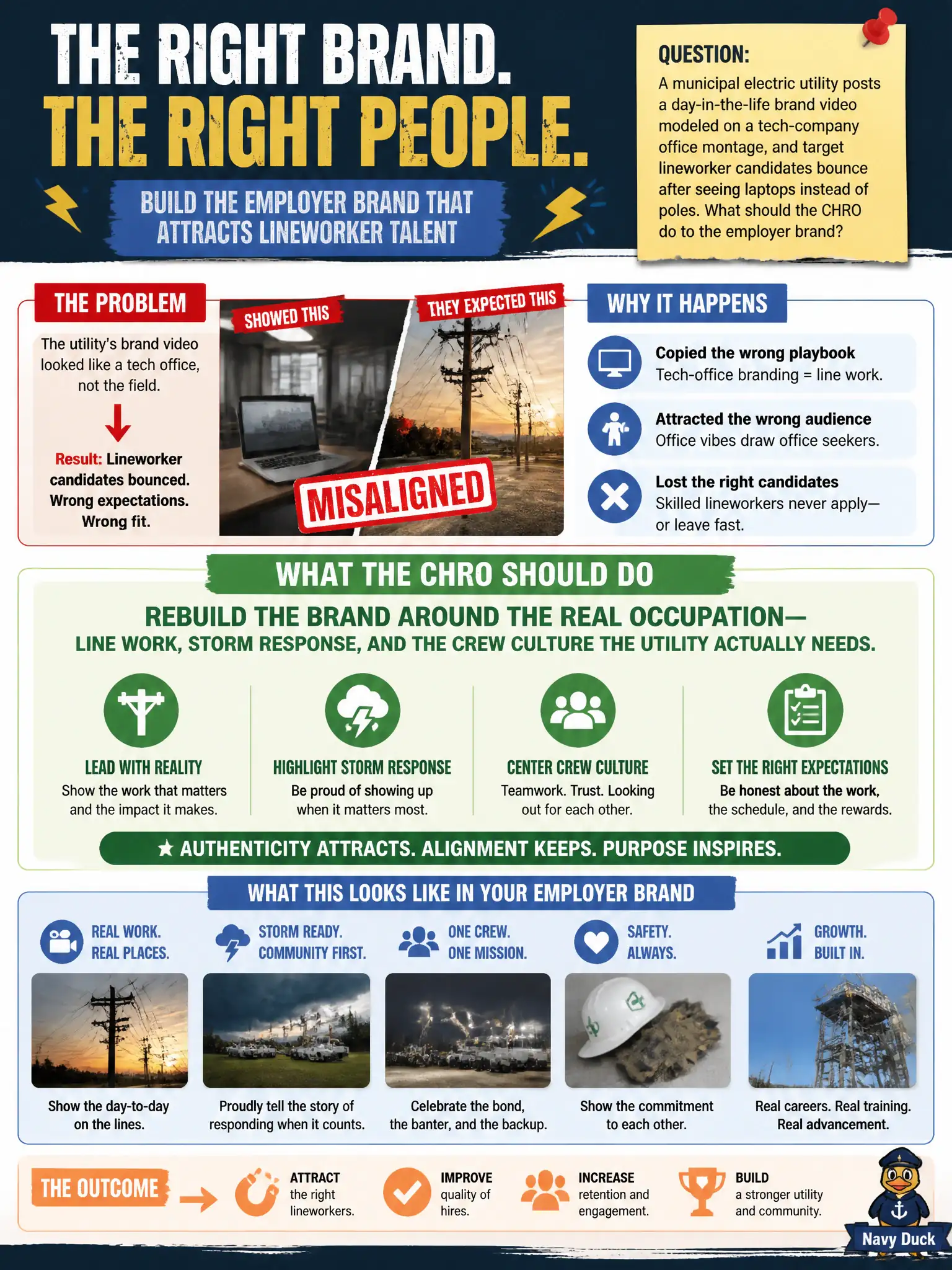 To Create an exciting colorful infographic that explains the concepts in the question: Question: A municipal electric utility posts a day-in-the-life brand video modeled on a tech-company office montage, and target lineworker candidates bounce after seeing laptops instead of poles. What should the CHRO do to the employer brand? Correct Answer: Rebuild the brand around the real occupation—line work, storm response, and the crew culture the utility actually needs. Put EVERY visible label in double quotes. No people. No A/B/C/D letters. In one of the four corners put a little "Navy Duck".
