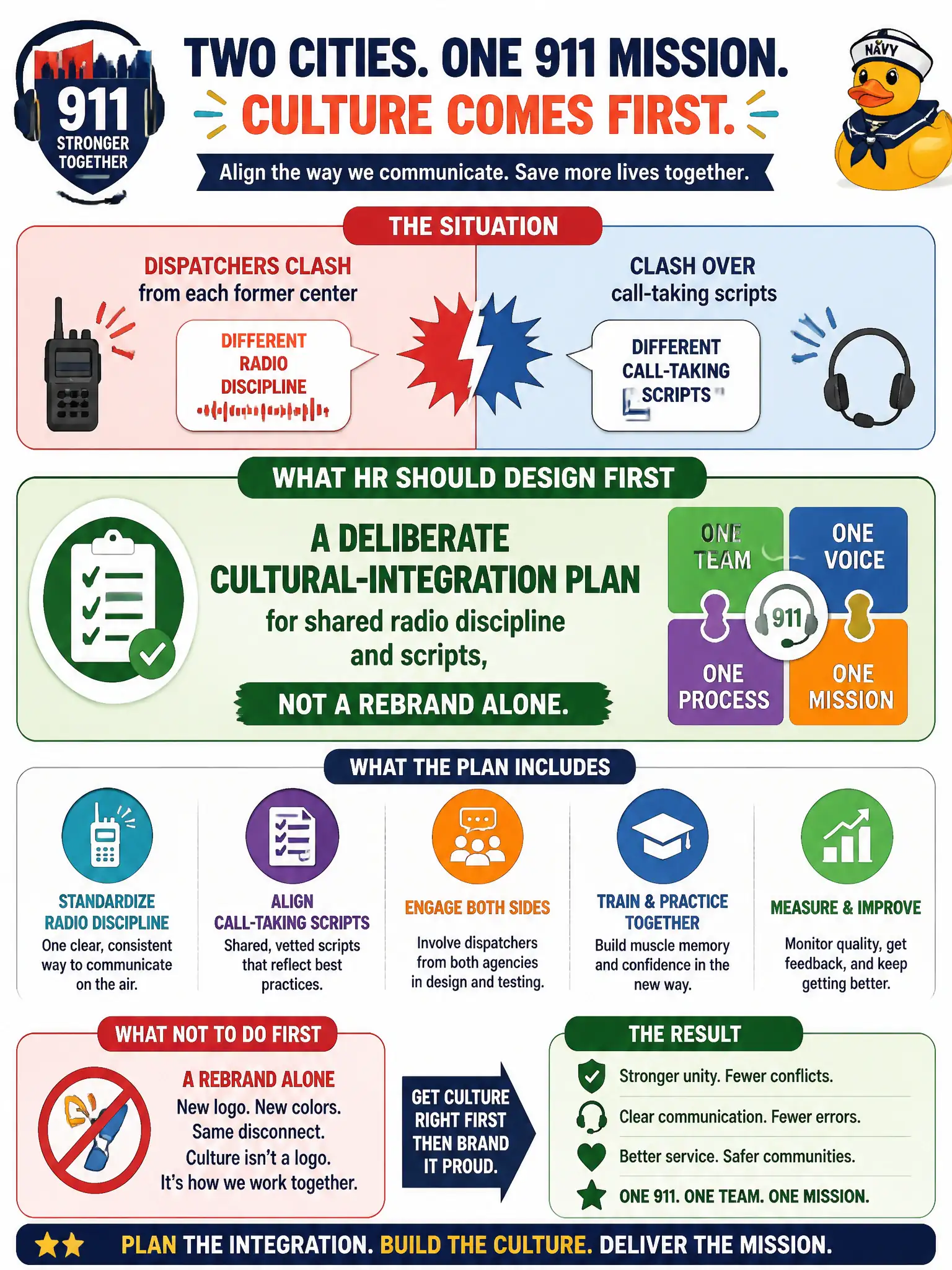 To Create an exciting colorful infographic that explains the concepts in the question: Question: Two cities form a joint 911 authority, and dispatchers from each former center clash over radio discipline and call-taking scripts. What should HR design first? Correct Answer: A deliberate cultural-integration plan for shared radio discipline and scripts, not a rebrand alone. Put EVERY visible label in double quotes. No people. No A/B/C/D letters. In one of the four corners put a little "Navy Duck".