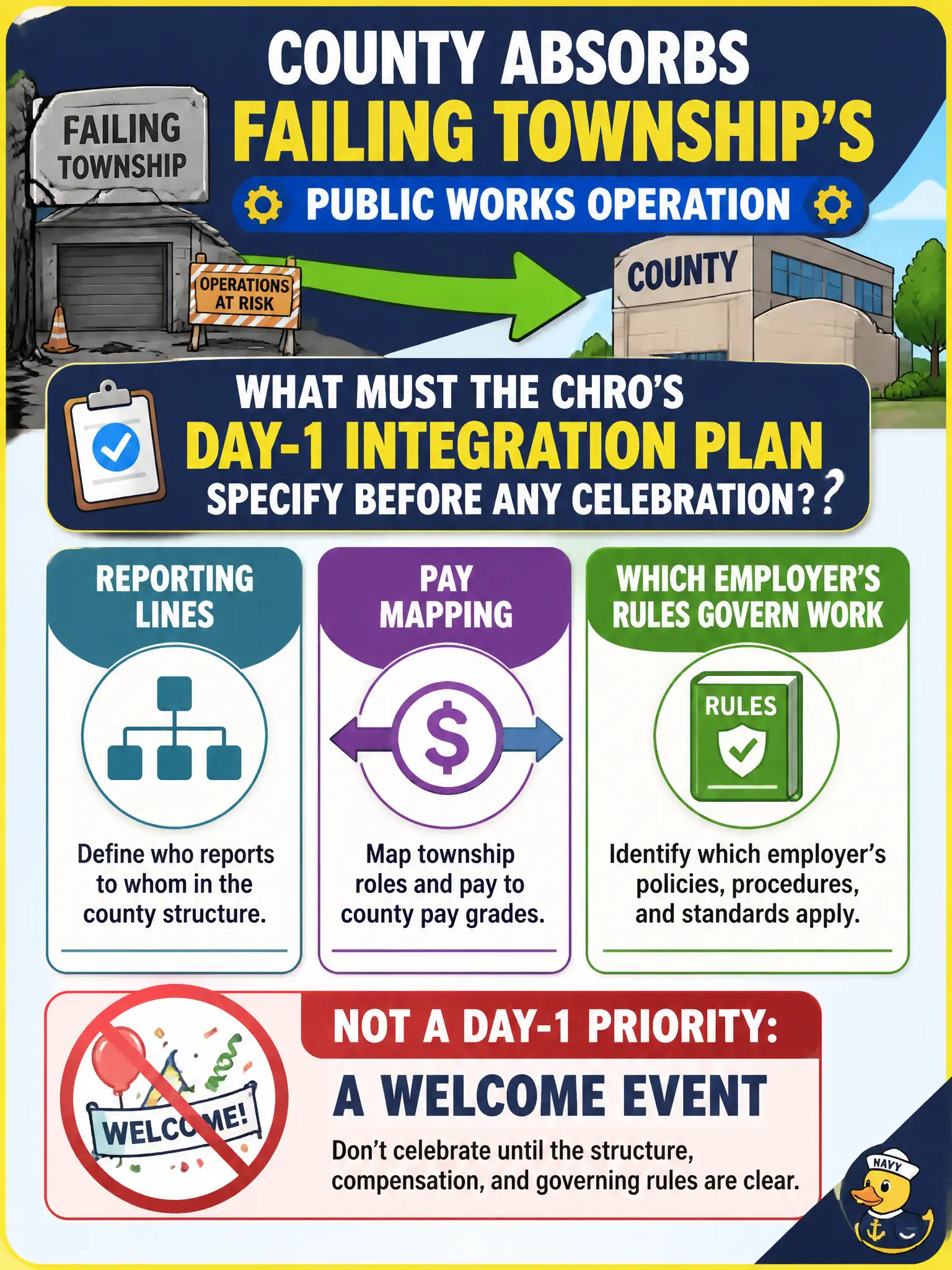 To Create an exciting colorful infographic that explains the concepts in the question: Question: A county absorbs a failing township's public works operation. What must the CHRO's Day-1 integration plan specify before any celebration? Correct Answer: Reporting lines, pay mapping, and which employer's rules govern work—not a welcome event. Put EVERY visible label in double quotes. No people. No A/B/C/D letters. In one of the four corners put a little "Navy Duck".