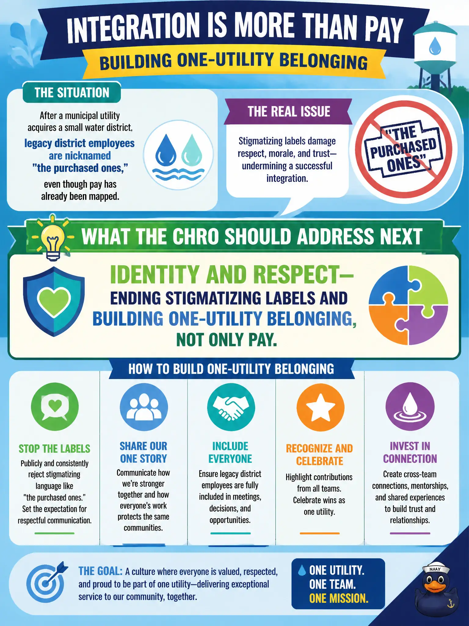 To Create an exciting colorful infographic that explains the concepts in the question: Question: After a municipal utility acquires a small water district, legacy district employees are nicknamed "the purchased ones," even though pay has already been mapped. What should the CHRO's integration strategy address next? Correct Answer: Identity and respect—ending stigmatizing labels and building one-utility belonging, not only pay. Put EVERY visible label in double quotes. No people. No A/B/C/D letters. In one of the four corners put a little "Navy Duck".