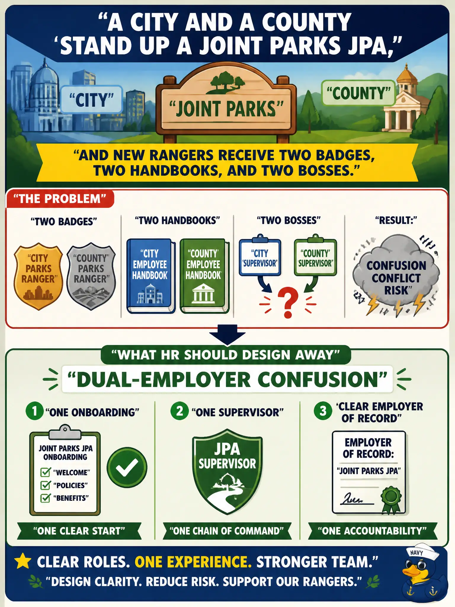 To Create an exciting colorful infographic that explains the concepts in the question: Question: A city and a county stand up a joint parks JPA, and new rangers receive two badges, two handbooks, and two bosses. What should HR design away? Correct Answer: Dual-employer confusion—one onboarding, one supervisor, and a clear employer of record. Put EVERY visible label in double quotes. No people. No A/B/C/D letters. In one of the four corners put a little "Navy Duck".