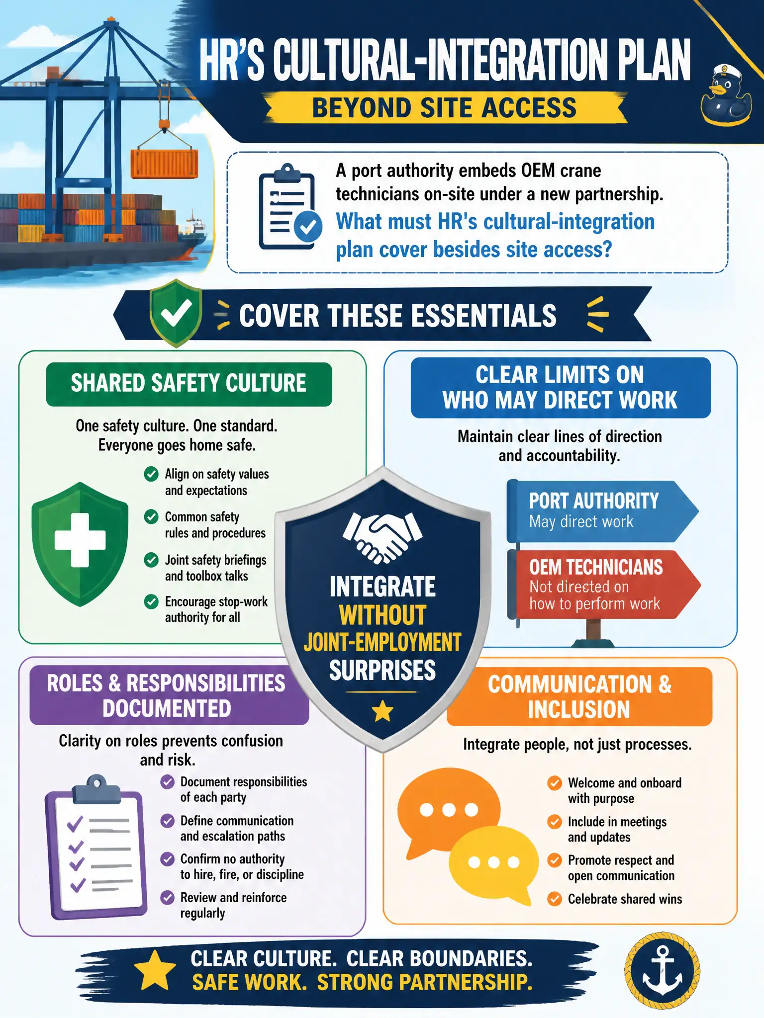 To Create an exciting colorful infographic that explains the concepts in the question: Question: A port authority embeds OEM crane technicians on-site under a new partnership. What must HR's cultural-integration plan cover besides site access? Correct Answer: Shared safety culture and clear limits on who may direct work, so integration does not create joint-employment surprises. Put EVERY visible label in double quotes. No people. No A/B/C/D letters. In one of the four corners put a little "Navy Duck".