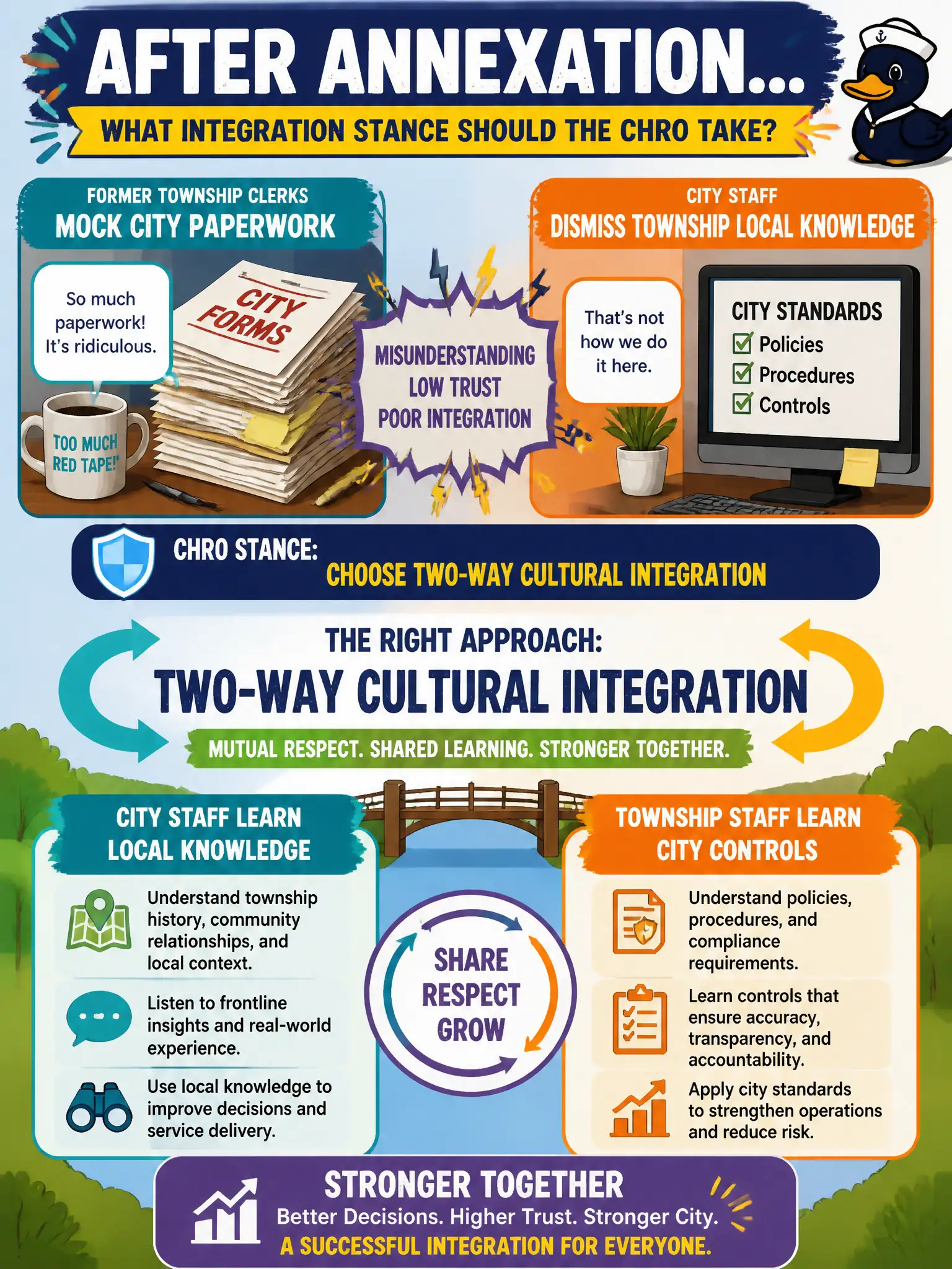 To Create an exciting colorful infographic that explains the concepts in the question: Question: After annexation, former township clerks mock city paperwork while city staff dismiss township local knowledge. What integration stance should the CHRO take? Correct Answer: Two-way cultural integration—city staff learn local knowledge and township staff learn city controls. Put EVERY visible label in double quotes. No people. No A/B/C/D letters. In one of the four corners put a little "Navy Duck".