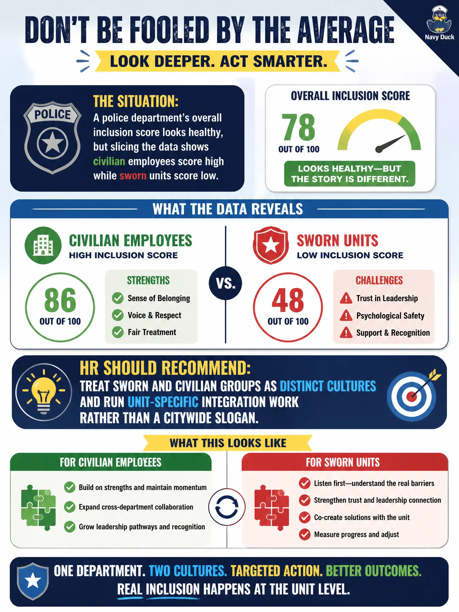 To Create an exciting colorful infographic that explains the concepts in the question: Question: A police department's overall inclusion score looks healthy, but slicing the data shows civilian employees score high while sworn units score low. What should HR recommend? Correct Answer: Treat sworn and civilian groups as distinct cultures and run unit-specific integration work rather than a citywide slogan. Put EVERY visible label in double quotes. No people. No A/B/C/D letters. In one of the four corners put a little "Navy Duck".