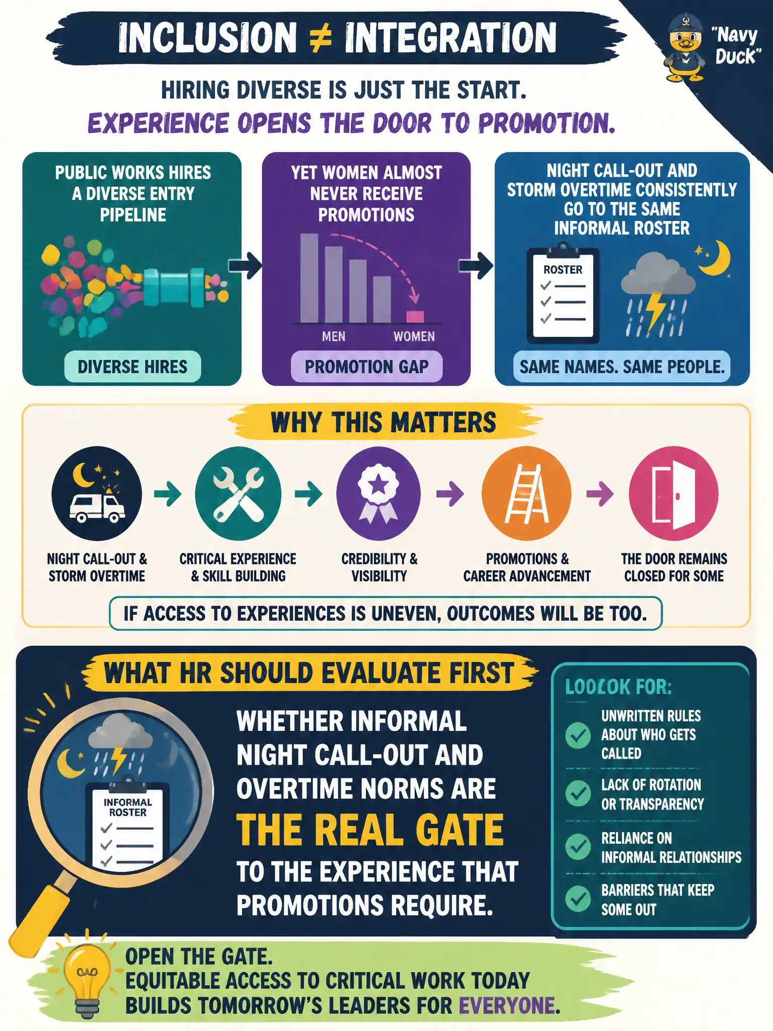 To Create an exciting colorful infographic that explains the concepts in the question: Question: Public works hires a diverse entry pipeline, yet women almost never receive promotions. Night call-out and storm overtime consistently go to the same informal roster. What should HR evaluate first as the likely inclusion-integration failure? Correct Answer: Whether informal night call-out and overtime norms are the real gate to the experience that promotions require. Put EVERY visible label in double quotes. No people. No A/B/C/D letters. In one of the four corners put a little "Navy Duck".