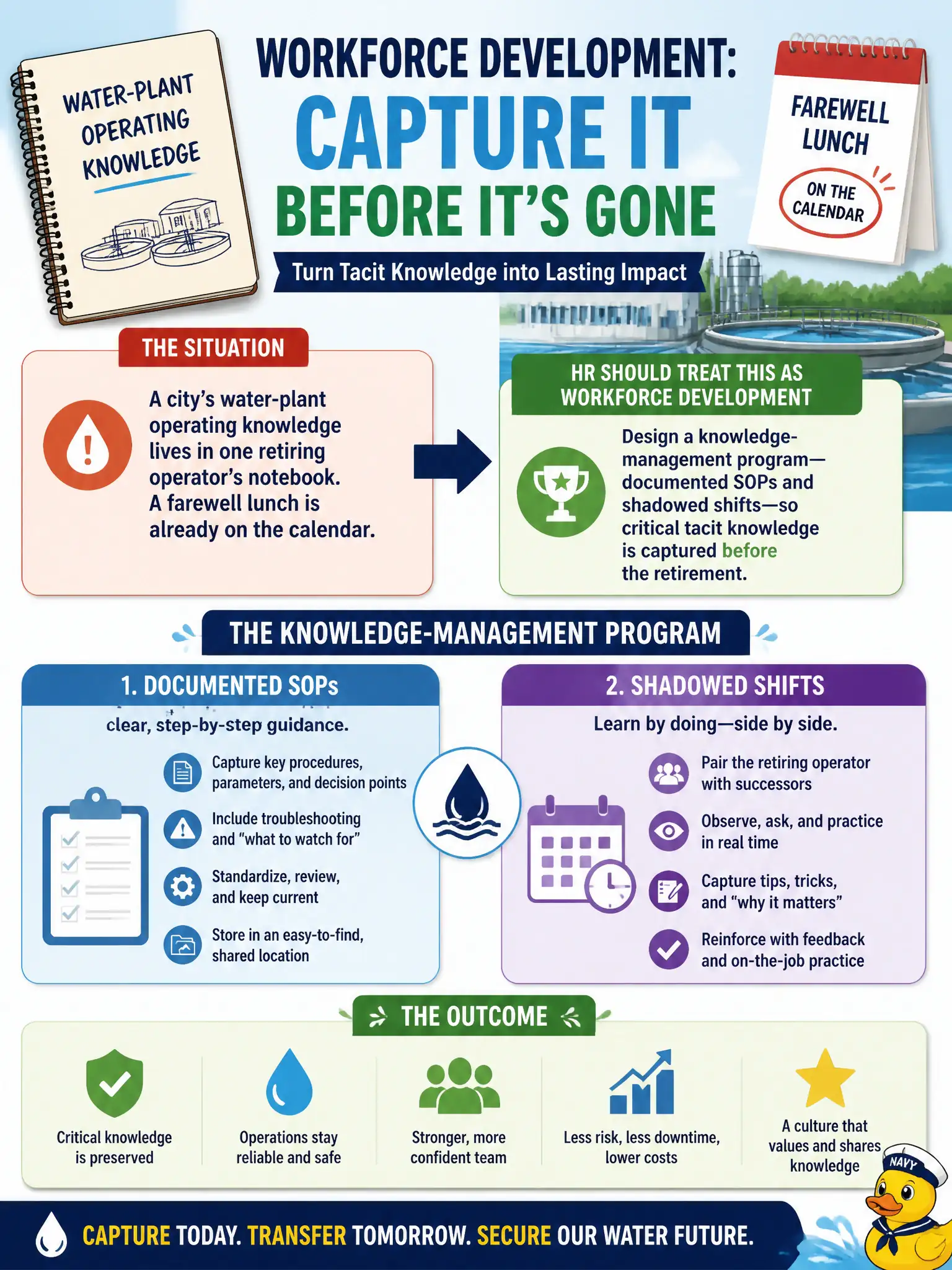 To Create an exciting colorful infographic that explains the concepts in the question: Question: A city's water-plant operating knowledge lives in one retiring operator's notebook. A farewell lunch is already on the calendar. How should HR treat this as workforce development? Correct Answer: Design a knowledge-management program—documented SOPs and shadowed shifts—so critical tacit knowledge is captured before the retirement. Put EVERY visible label in double quotes. No people. No A/B/C/D letters. In one of the four corners put a little "Navy Duck".