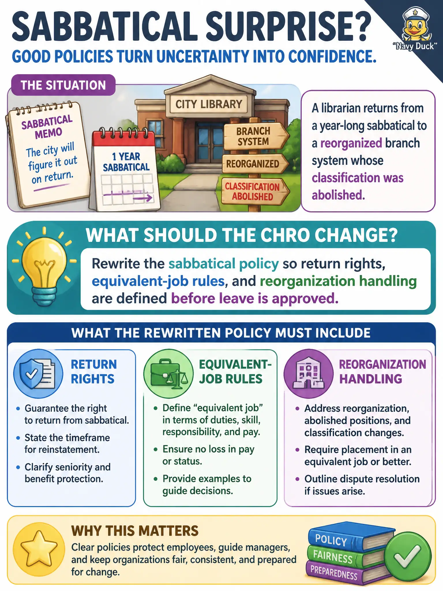 To Create an exciting colorful infographic that explains the concepts in the question: Question: A librarian returns from a year-long sabbatical to a reorganized branch system whose classification was abolished. The sabbatical memo only said the city would figure it out on return. What should the CHRO change? Correct Answer: Rewrite the sabbatical policy so return rights, equivalent-job rules, and reorganization handling are defined before leave is approved. Put EVERY visible label in double quotes. No people. No A/B/C/D letters. In one of the four corners put a little "Navy Duck".