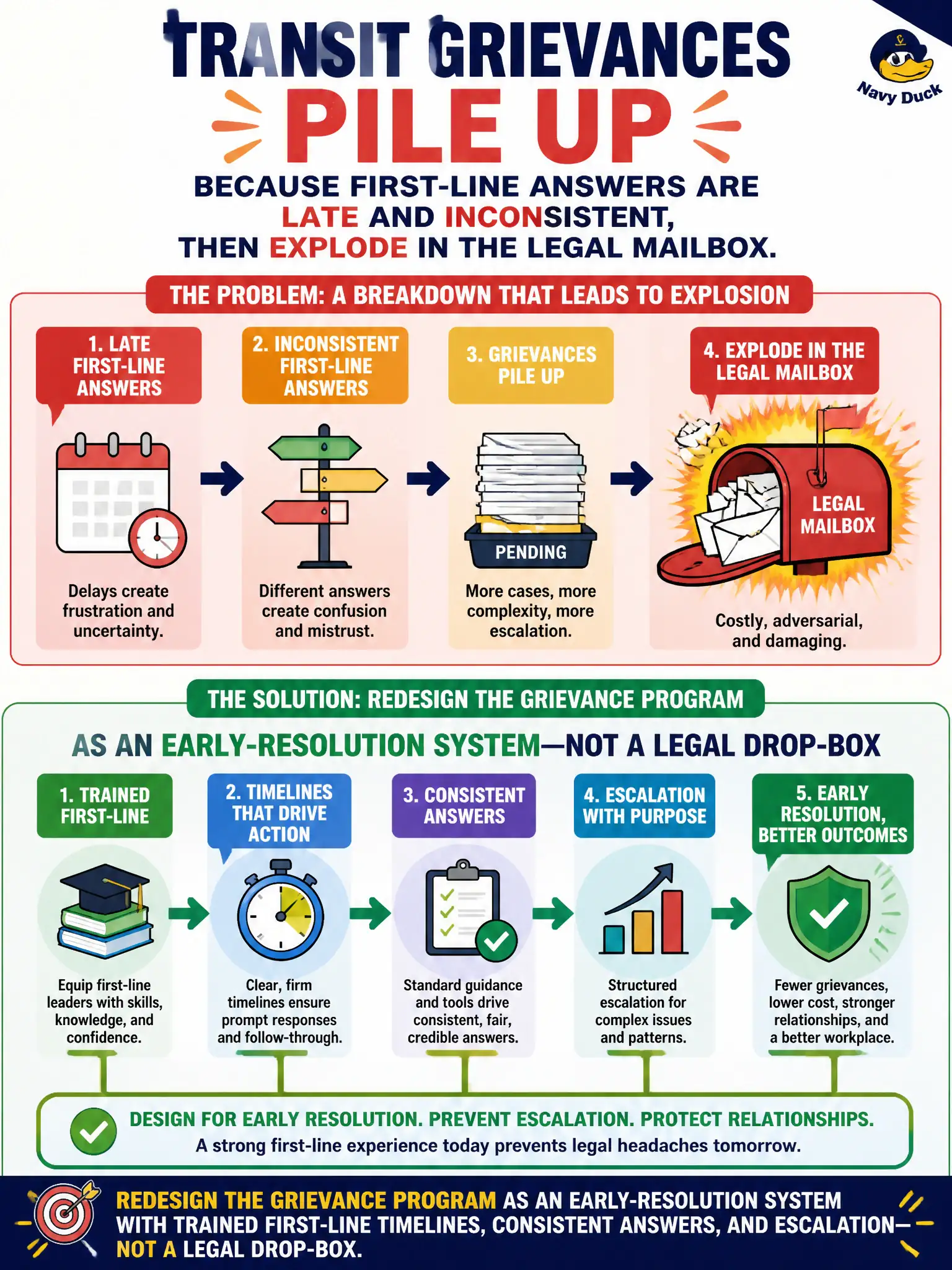 To Create an exciting colorful infographic that explains the concepts in the question: Question: Transit grievances pile up because first-line answers are late and inconsistent, then explode in the legal mailbox. What should HR redesign? Correct Answer: The grievance program as an early-resolution system with trained first-line timelines, consistent answers, and escalation—not a legal drop-box. Put EVERY visible label in double quotes. No people. No A/B/C/D letters. In one of the four corners put a little "Navy Duck".