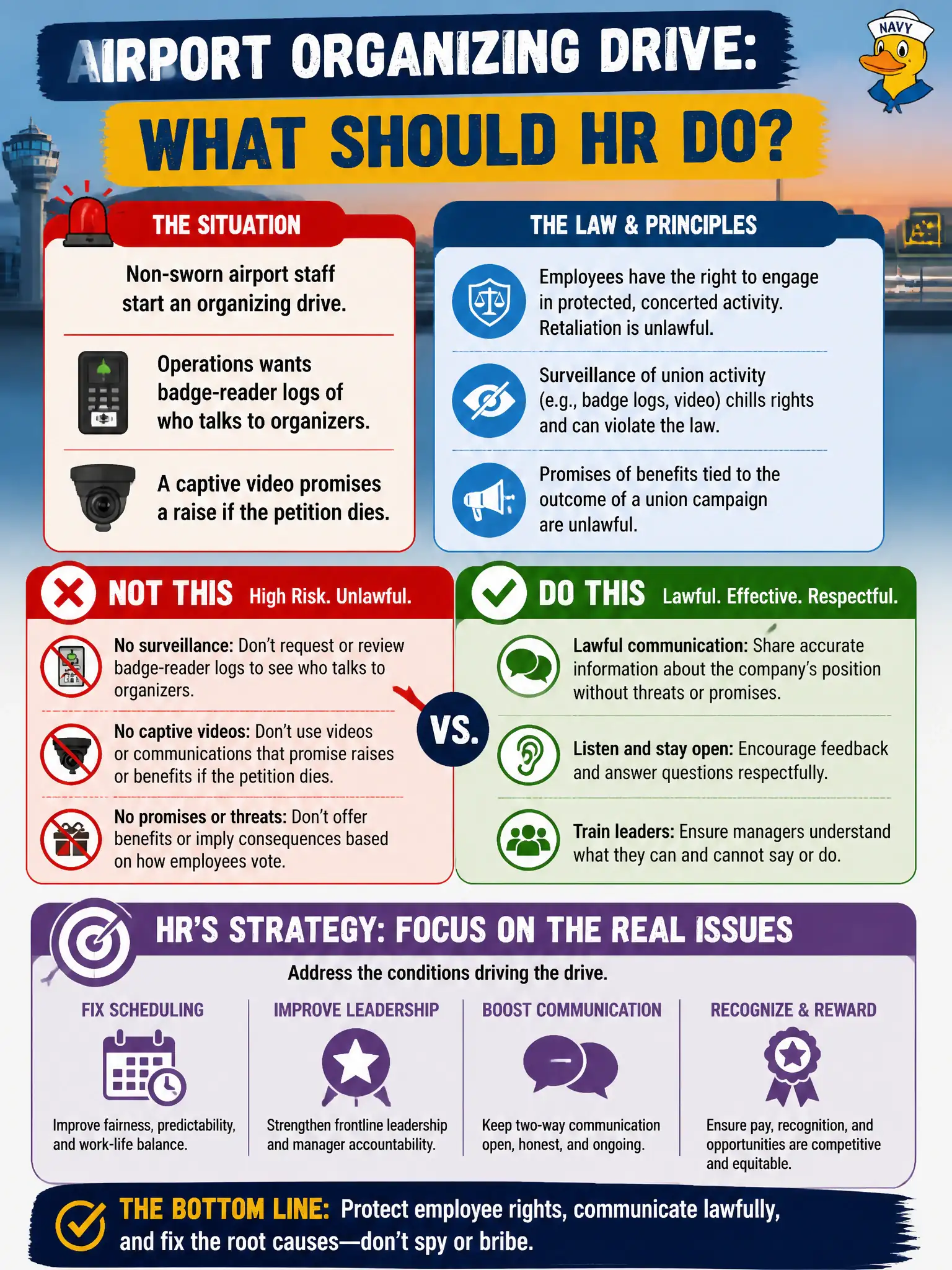 To Create an exciting colorful infographic that explains the concepts in the question: Question: Non-sworn airport staff start an organizing drive. Operations wants badge-reader logs of who talks to organizers and a captive video promising a raise if the petition dies. What should HR's strategy be? Correct Answer: Lawful communication plus fixing the scheduling and lead issues driving the drive—not surveillance or promises tied to the petition. Put EVERY visible label in double quotes. No people. No A/B/C/D letters. In one of the four corners put a little "Navy Duck".