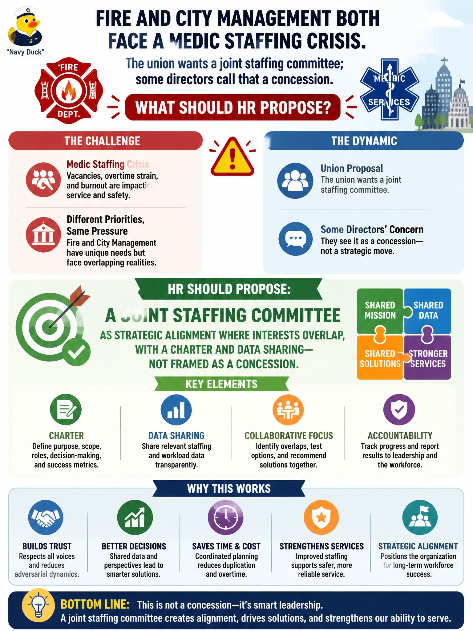 To Create an exciting colorful infographic that explains the concepts in the question: Question: Fire and city management both face a medic staffing crisis. The union wants a joint staffing committee; some directors call that a concession. What should HR propose? Correct Answer: A joint staffing committee as strategic alignment where interests overlap, with a charter and data sharing—not framed as a concession. Put EVERY visible label in double quotes. No people. No A/B/C/D letters. In one of the four corners put a little "Navy Duck".