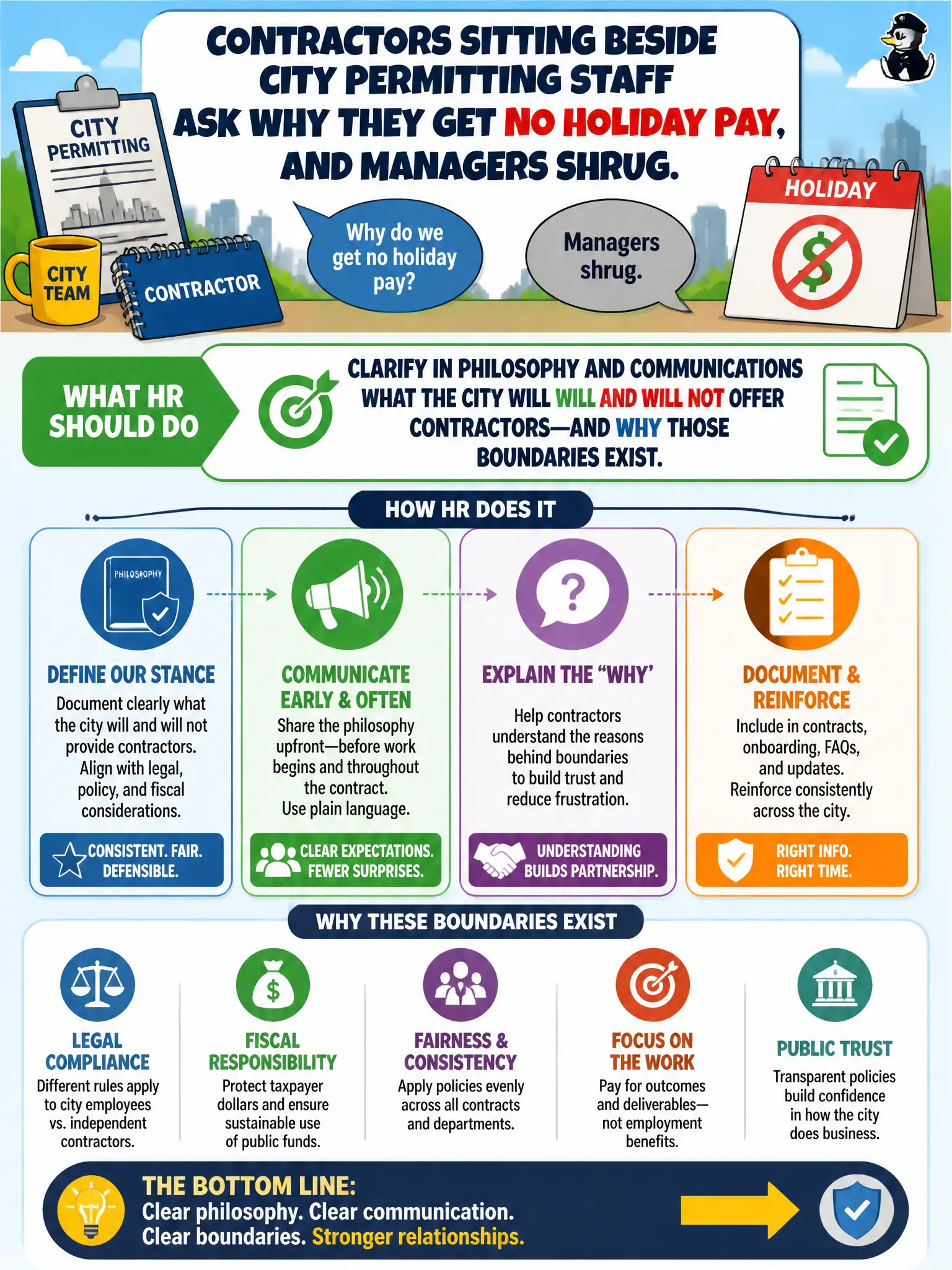 To Create an exciting colorful infographic that explains the concepts in the question: Question: Contractors sitting beside city permitting staff ask why they get no holiday pay, and managers shrug. What should HR do? Correct Answer: Clarify in philosophy and communications what the city will and will not offer contractors—and why those boundaries exist. Put EVERY visible label in double quotes. No people. No A/B/C/D letters. In one of the four corners put a little "Navy Duck".