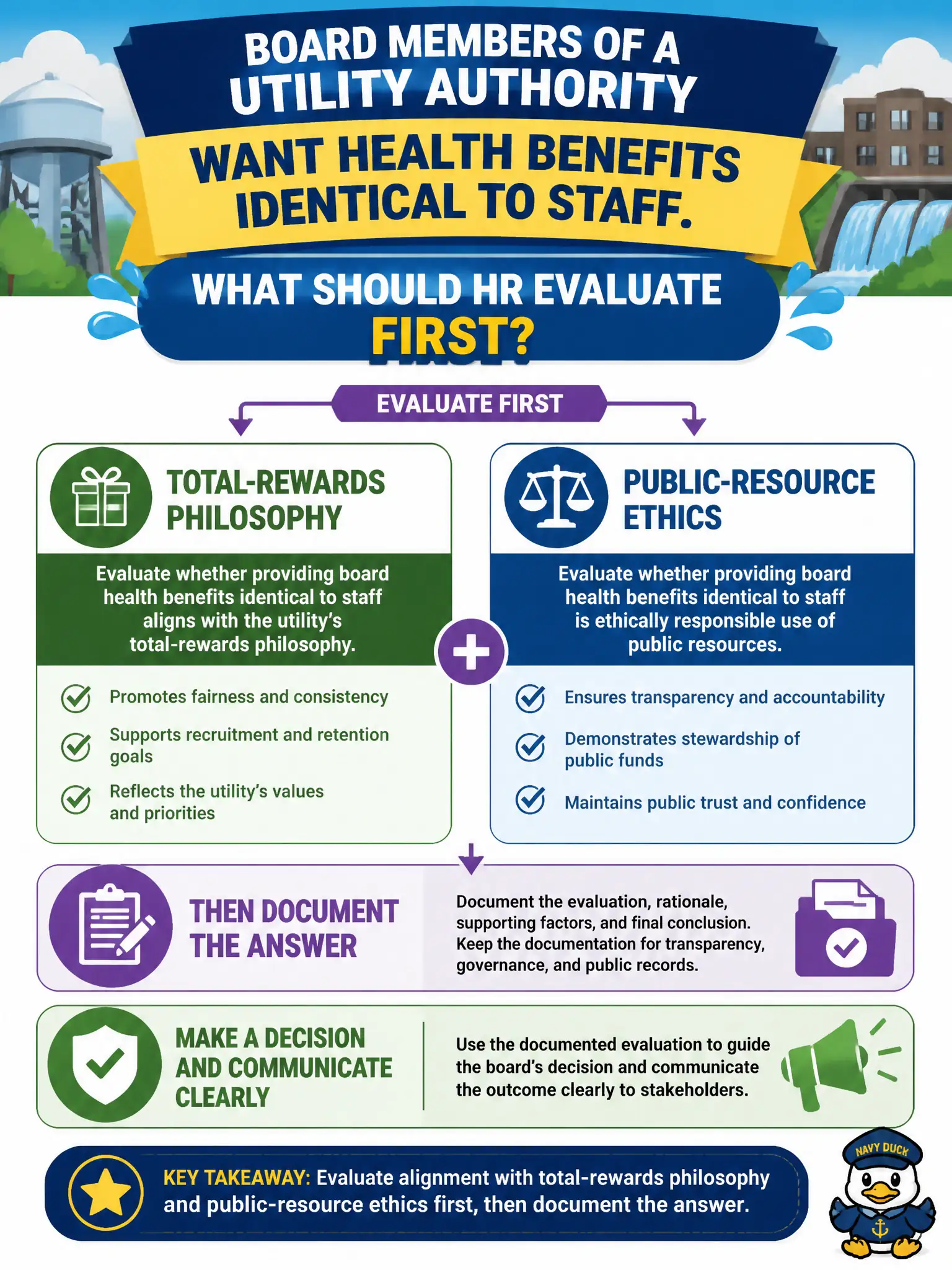 To Create an exciting colorful infographic that explains the concepts in the question: Question: Board members of a utility authority want health benefits identical to staff. What should HR evaluate first? Correct Answer: Whether the total-rewards philosophy and public-resource ethics support board health benefits identical to employees, then document the answer. Put EVERY visible label in double quotes. No people. No A/B/C/D letters. In one of the four corners put a little "Navy Duck".