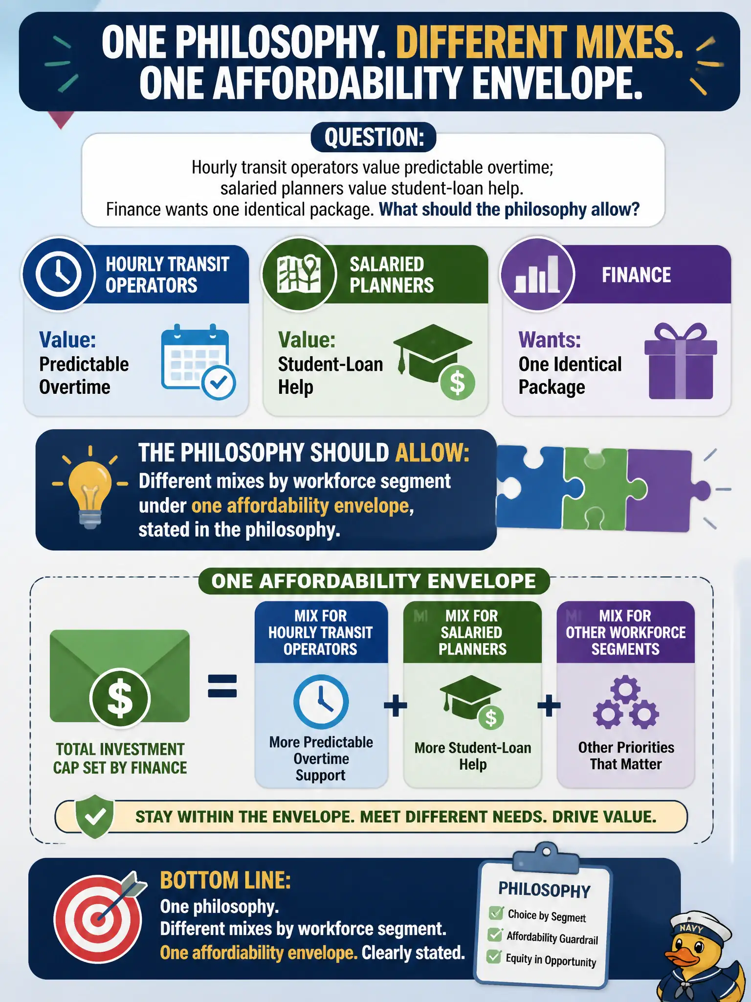 To Create an exciting colorful infographic that explains the concepts in the question: Question: Hourly transit operators value predictable overtime; salaried planners value student-loan help. Finance wants one identical package. What should the philosophy allow? Correct Answer: Different mixes by workforce segment under one affordability envelope, stated in the philosophy. Put EVERY visible label in double quotes. No people. No A/B/C/D letters. In one of the four corners put a little "Navy Duck".