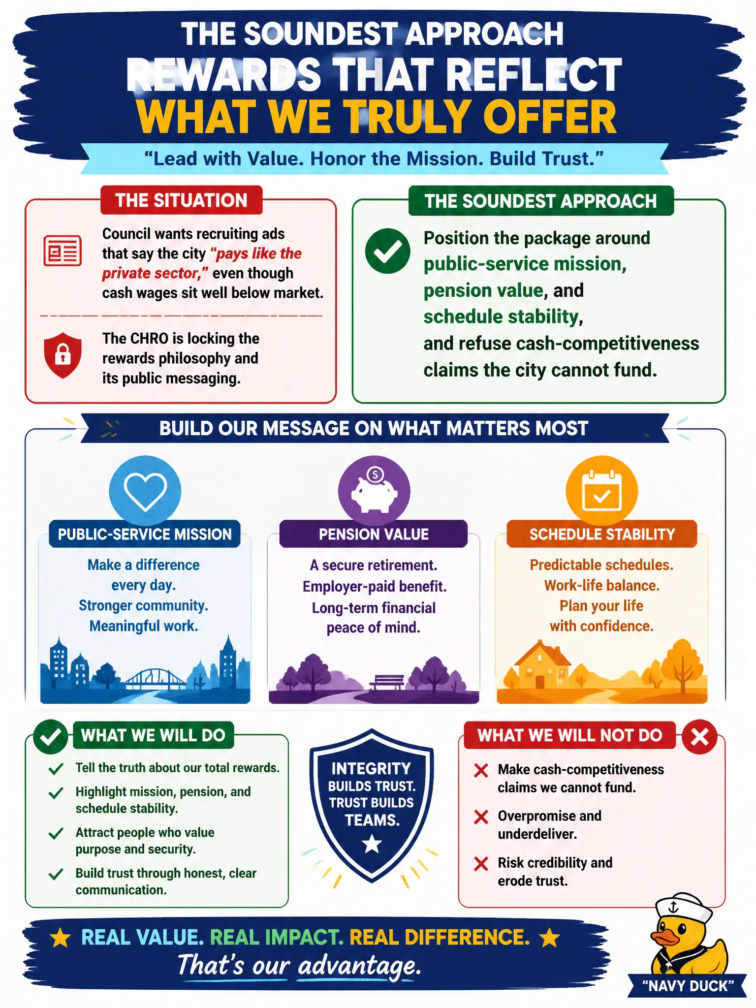 To Create an exciting colorful infographic that explains the concepts in the question: Question: Council wants recruiting ads that say the city "pays like the private sector," even though cash wages sit well below market. The CHRO is locking the rewards philosophy and its public messaging. What is the soundest approach? Correct Answer: Position the package around public-service mission, pension value, and schedule stability, and refuse cash-competitiveness claims the city cannot fund. Put EVERY visible label in double quotes. No people. No A/B/C/D letters. In one of the four corners put a little "Navy Duck".