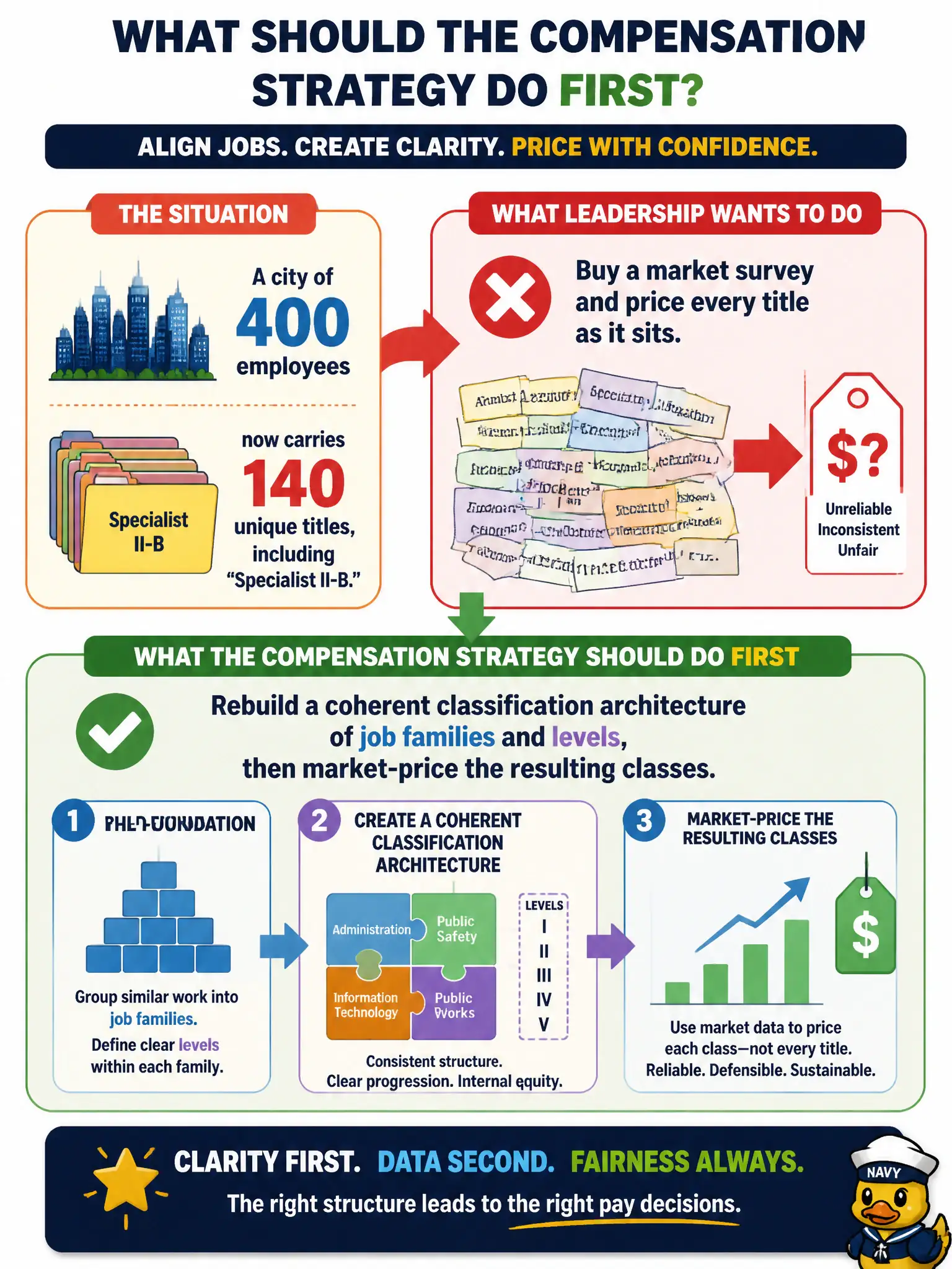 To Create an exciting colorful infographic that explains the concepts in the question: Question: A city of 400 employees now carries 140 unique titles, including "Specialist II-B." Leadership wants to buy a market survey and price every title as it sits. What should the compensation strategy do first? Correct Answer: Rebuild a coherent classification architecture of job families and levels, then market-price the resulting classes. Put EVERY visible label in double quotes. No people. No A/B/C/D letters. In one of the four corners put a little "Navy Duck".
