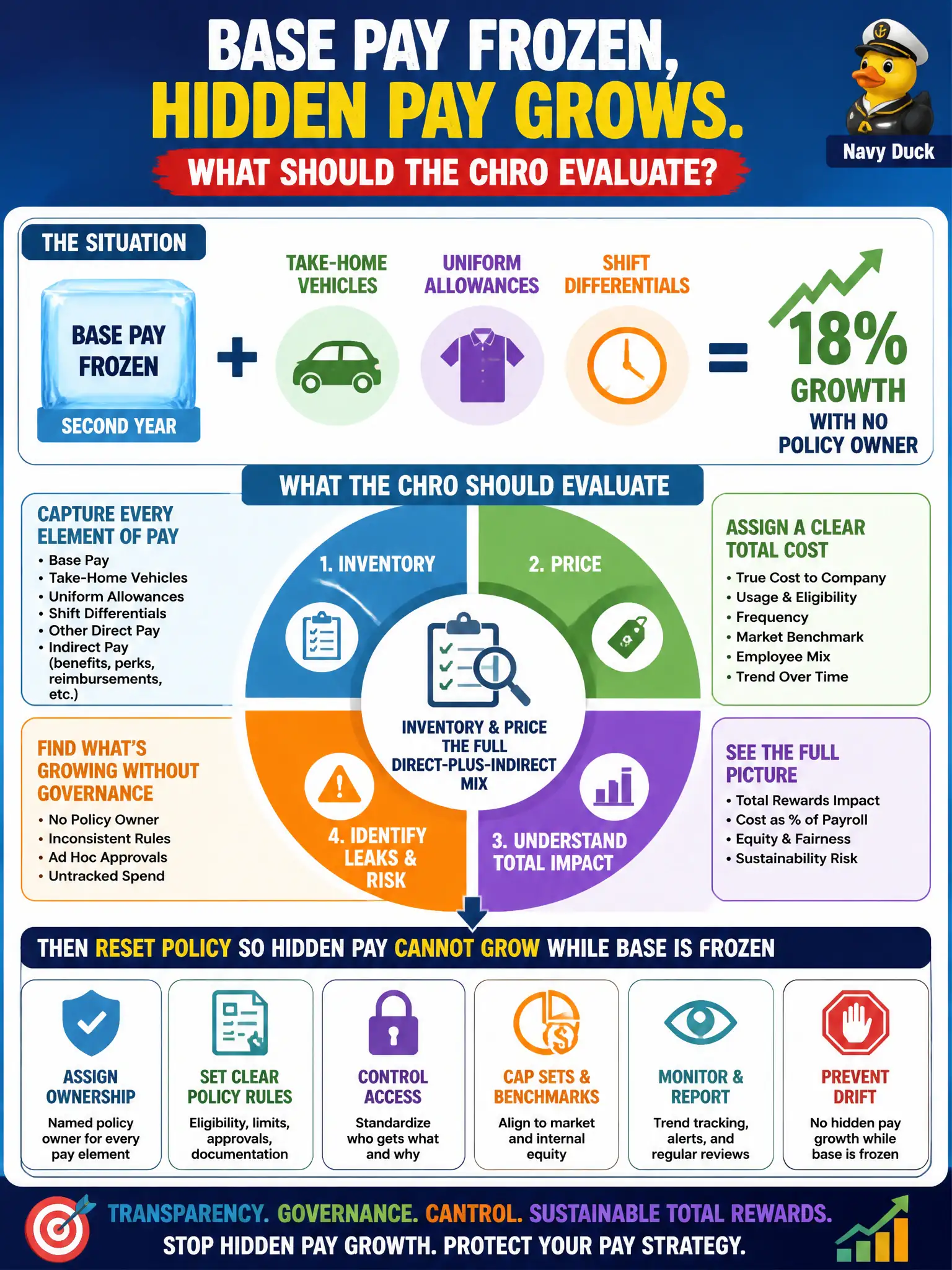 To Create an exciting colorful infographic that explains the concepts in the question: Question: Base pay has been frozen for a second year, but take-home vehicles, uniform allowances, and shift differentials have grown 18 percent with no policy owner. What should the CHRO evaluate? Correct Answer: Inventory and price the full direct-plus-indirect mix, then reset policy so hidden pay cannot grow while base is frozen. Put EVERY visible label in double quotes. No people. No A/B/C/D letters. In one of the four corners put a little "Navy Duck".
