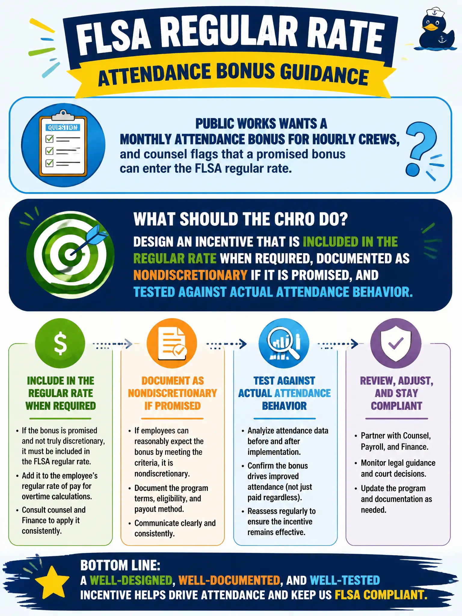 To Create an exciting colorful infographic that explains the concepts in the question: Question: Public works wants a monthly attendance bonus for hourly crews, and counsel flags that a promised bonus can enter the FLSA regular rate. What should the CHRO do? Correct Answer: Design an incentive that is included in the regular rate when required, documented as nondiscretionary if it is promised, and tested against actual attendance behavior. Put EVERY visible label in double quotes. No people. No A/B/C/D letters. In one of the four corners put a little "Navy Duck".