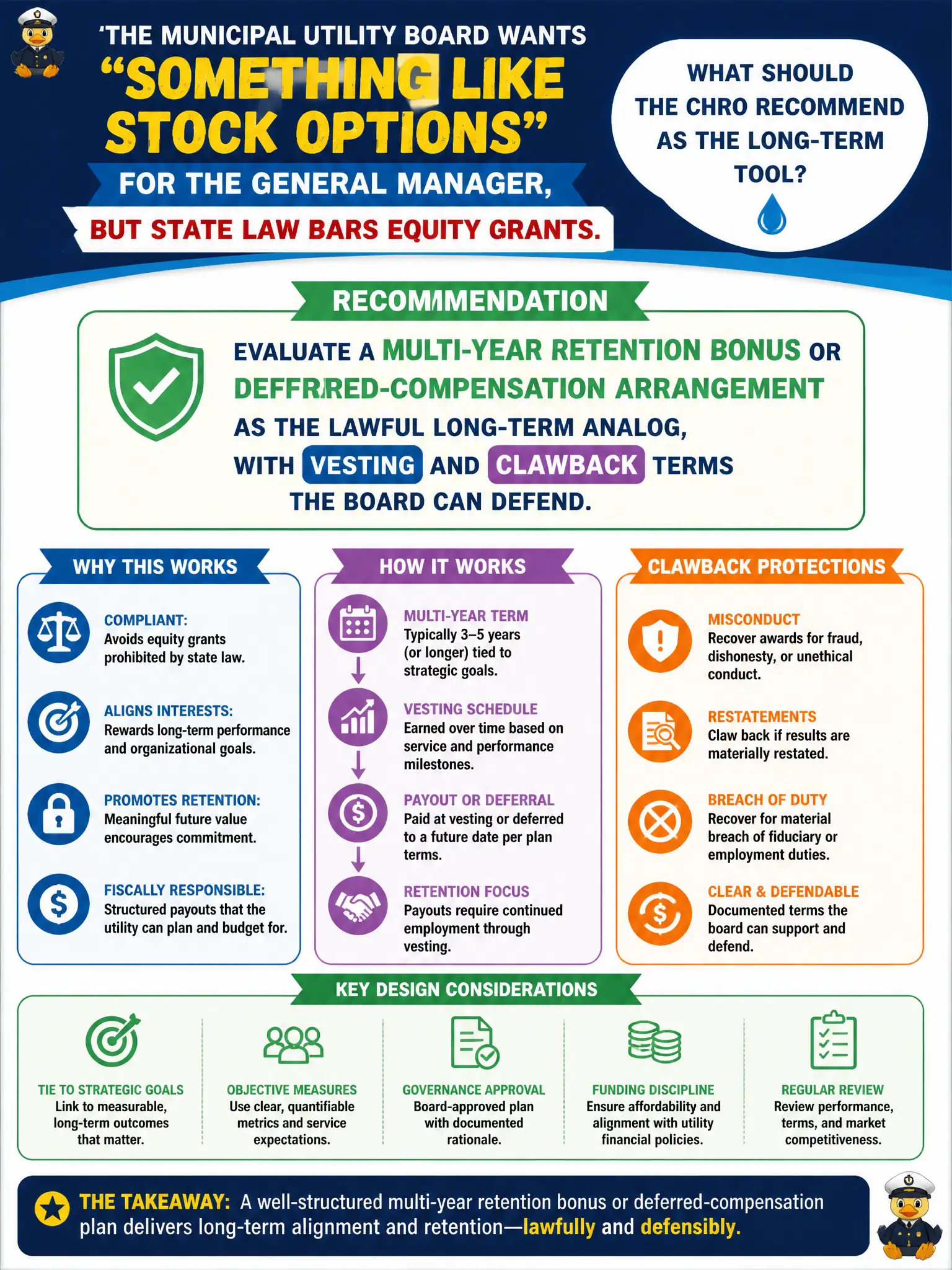 To Create an exciting colorful infographic that explains the concepts in the question: Question: The municipal utility board wants "something like stock options" for the general manager, but state law bars equity grants. What should the CHRO recommend as the long-term tool? Correct Answer: Evaluate a multi-year retention bonus or deferred-compensation arrangement as the lawful long-term analog, with vesting and clawback terms the board can defend. Put EVERY visible label in double quotes. No people. No A/B/C/D letters. In one of the four corners put a little "Navy Duck".