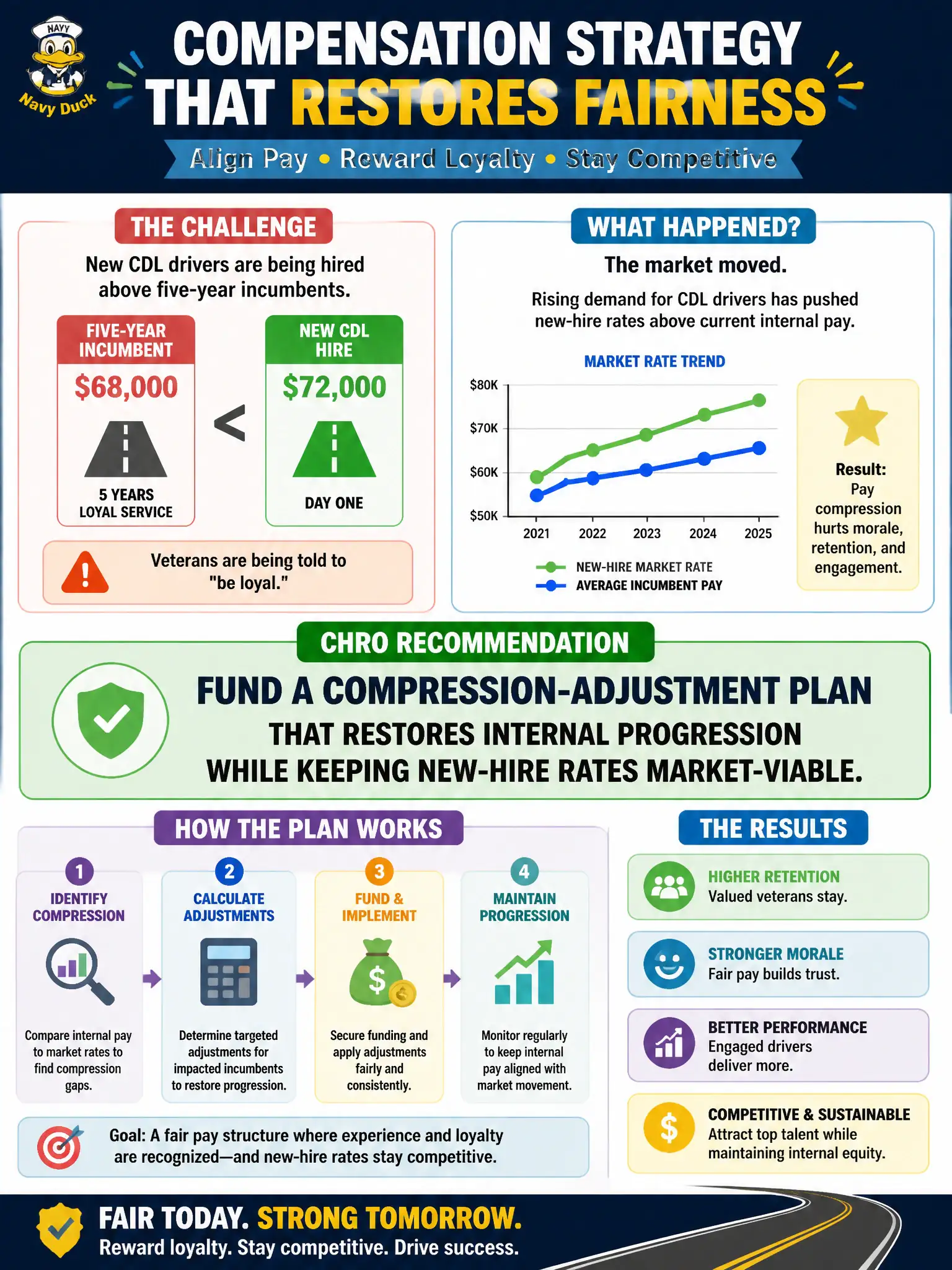 To Create an exciting colorful infographic that explains the concepts in the question: Question: New CDL drivers are being hired above five-year incumbents because the market moved, and veterans are being told to "be loyal." What compensation strategy should the CHRO recommend? Correct Answer: Fund a compression-adjustment plan that restores internal progression while keeping new-hire rates market-viable. Put EVERY visible label in double quotes. No people. No A/B/C/D letters. In one of the four corners put a little "Navy Duck".