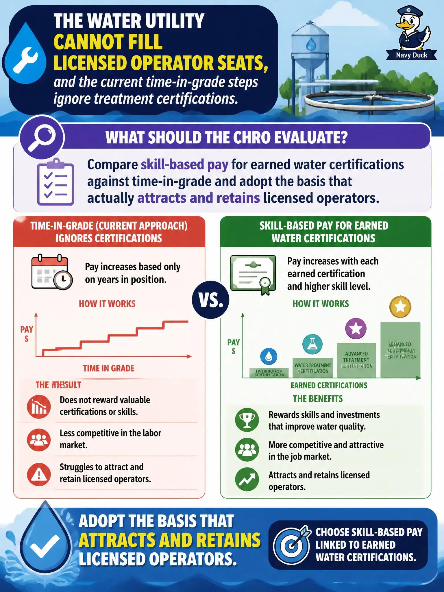 To Create an exciting colorful infographic that explains the concepts in the question: Question: The water utility cannot fill licensed operator seats, and the current time-in-grade steps ignore treatment certifications. What should the CHRO evaluate? Correct Answer: Compare skill-based pay for earned water certifications against time-in-grade and adopt the basis that actually attracts and retains licensed operators. Put EVERY visible label in double quotes. No people. No A/B/C/D letters. In one of the four corners put a little "Navy Duck".