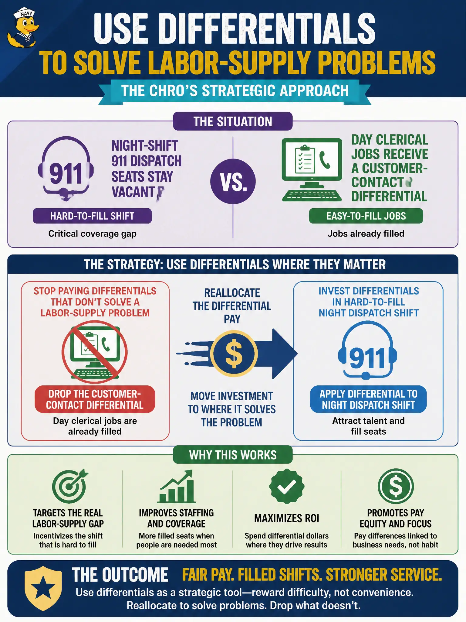 To Create an exciting colorful infographic that explains the concepts in the question: Question: Night-shift 911 dispatch seats stay vacant, while already-filled day clerical jobs receive a customer-contact differential. How should the CHRO use differentials? Correct Answer: Reallocate differential pay to the hard-to-fill night dispatch shift as a staffing strategy, and drop differentials that do not solve a labor-supply problem. Put EVERY visible label in double quotes. No people. No A/B/C/D letters. In one of the four corners put a little "Navy Duck".