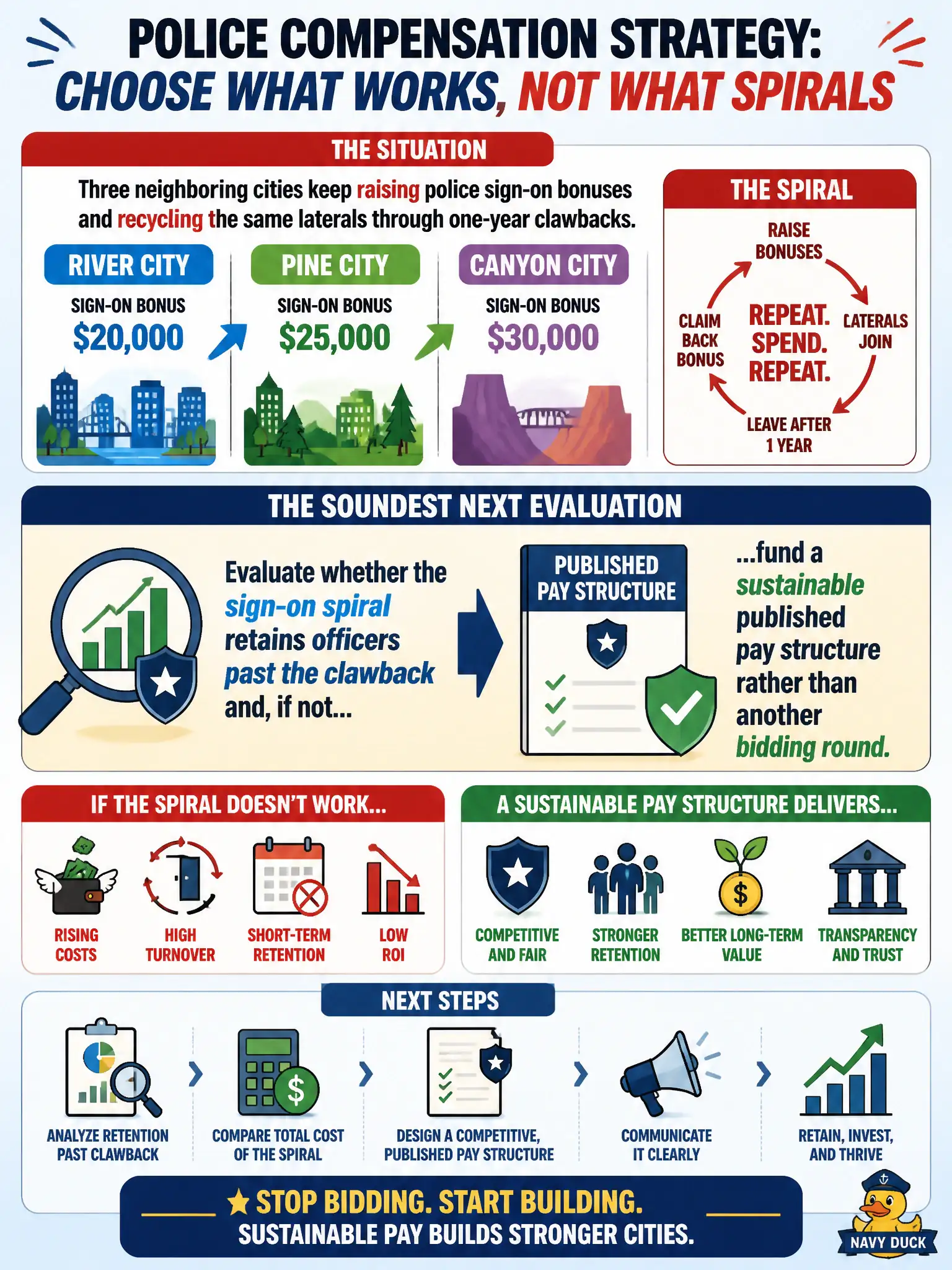 To Create an exciting colorful infographic that explains the concepts in the question: Question: Three neighboring cities keep raising police sign-on bonuses and recycling the same laterals through one-year clawbacks. What is the soundest next evaluation for this city's compensation strategy? Correct Answer: Evaluate whether the sign-on spiral retains officers past the clawback and, if not, fund a sustainable published pay structure rather than another bidding round. Put EVERY visible label in double quotes. No people. No A/B/C/D letters. In one of the four corners put a little "Navy Duck".