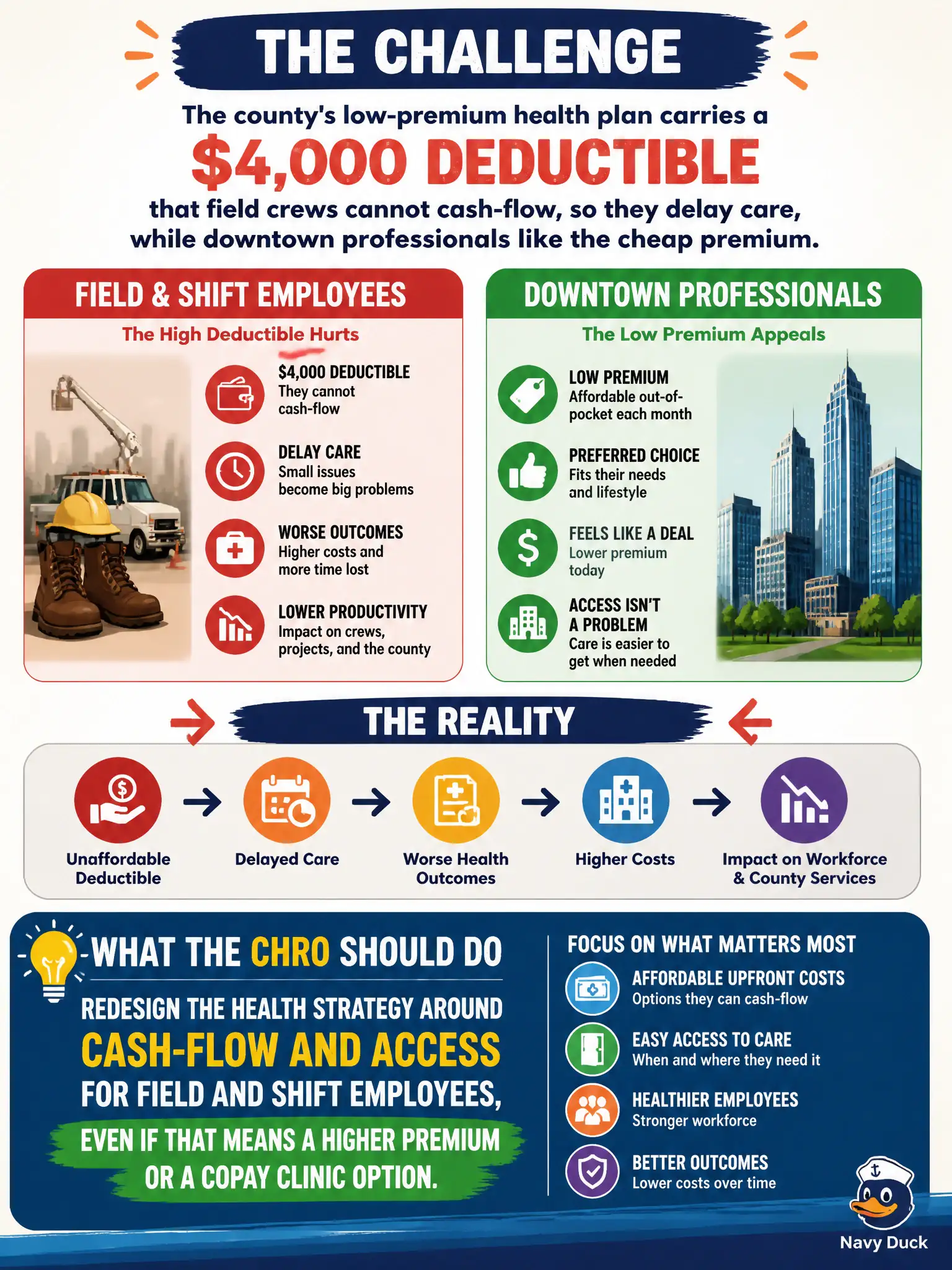 To Create an exciting colorful infographic that explains the concepts in the question: Question: The county's low-premium health plan carries a $4,000 deductible that field crews cannot cash-flow, so they delay care, while downtown professionals like the cheap premium. What should the CHRO do? Correct Answer: Redesign the health strategy around cash-flow and access for field and shift employees, even if that means a higher premium or a copay clinic option. Put EVERY visible label in double quotes. No people. No A/B/C/D letters. In one of the four corners put a little "Navy Duck".