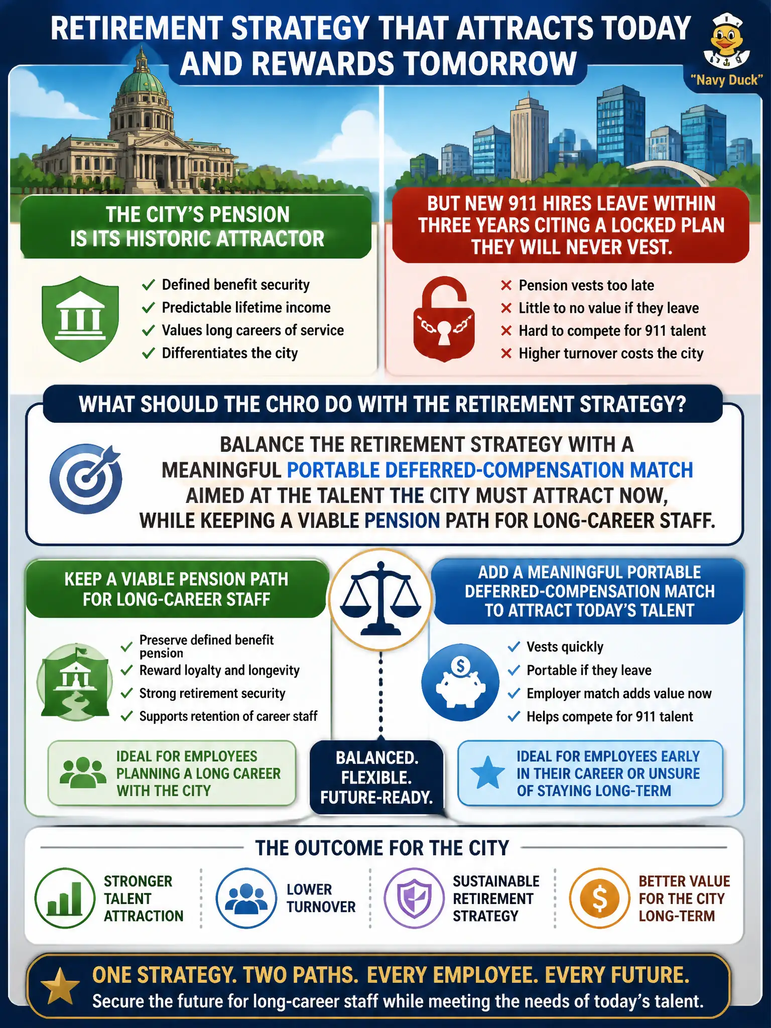 To Create an exciting colorful infographic that explains the concepts in the question: Question: The city's pension is its historic attractor, but new 911 hires leave within three years citing a locked plan they will never vest. What should the CHRO do with the retirement strategy? Correct Answer: Balance the retirement strategy with a meaningful portable deferred-compensation match aimed at the talent the city must attract now, while keeping a viable pension path for long-career staff. Put EVERY visible label in double quotes. No people. No A/B/C/D letters. In one of the four corners put a little "Navy Duck".