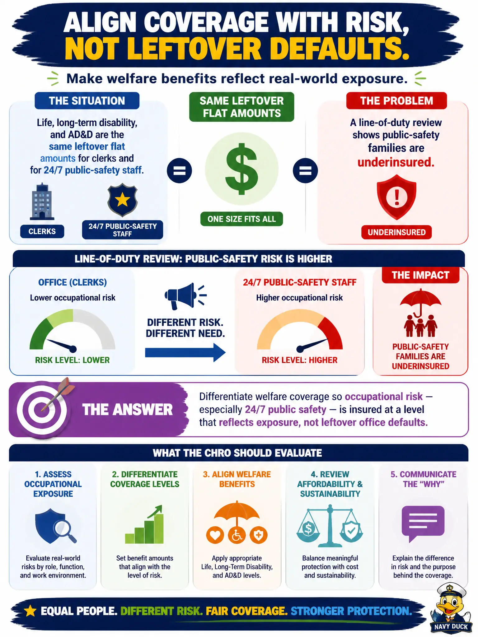 To Create an exciting colorful infographic that explains the concepts in the question: Question: Life, long-term disability, and AD&D are the same leftover flat amounts for clerks and for 24/7 public-safety staff, and a line-of-duty review shows public-safety families are underinsured. What should the CHRO evaluate? Correct Answer: Differentiate welfare coverage so occupational risk — especially 24/7 public safety — is insured at a level that reflects exposure, not leftover office defaults. Put EVERY visible label in double quotes. No people. No A/B/C/D letters. In one of the four corners put a little "Navy Duck".