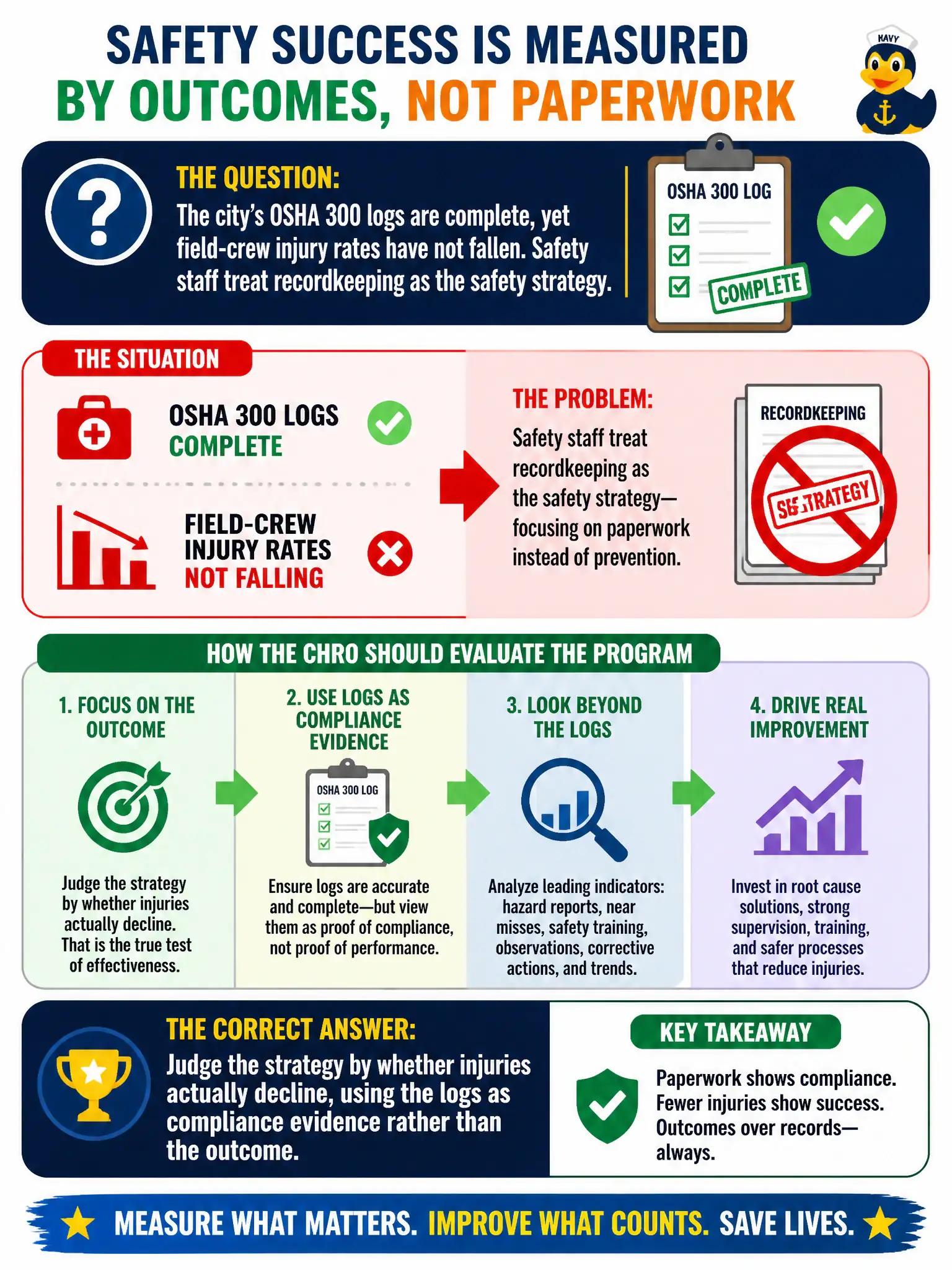 To Create an exciting colorful infographic that explains the concepts in the question: Question: The city's OSHA 300 logs are complete, yet field-crew injury rates have not fallen. Safety staff treat recordkeeping as the safety strategy. How should the CHRO evaluate the program? Correct Answer: Judge the strategy by whether injuries actually decline, using the logs as compliance evidence rather than the outcome. Put EVERY visible label in double quotes. No people. No A/B/C/D letters. In one of the four corners put a little "Navy Duck".