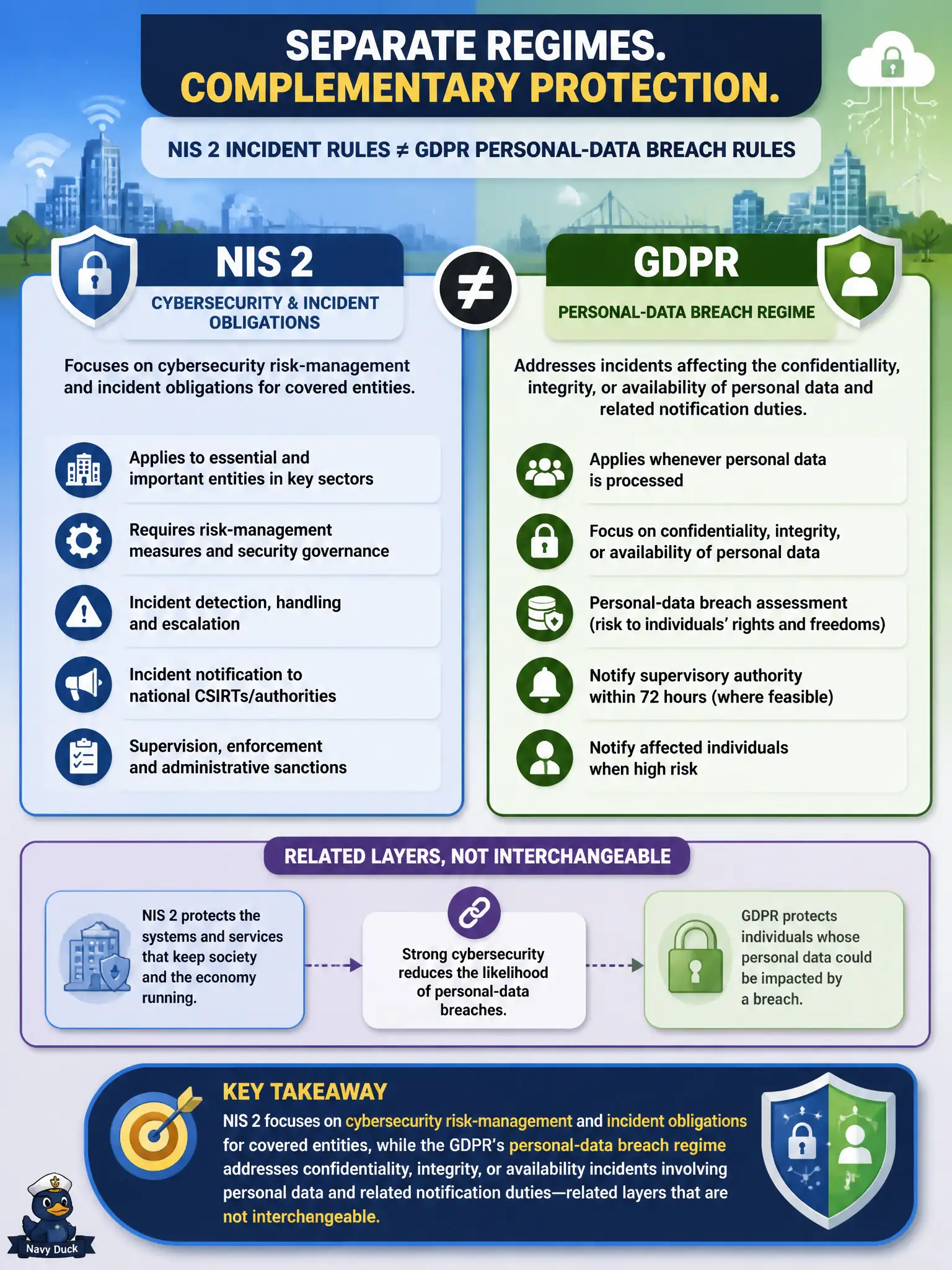 To Create an exciting colorful infographic that explains the concepts in the question: Question: A smart-city vendor treats NIS 2 incident rules as identical to GDPR personal-data breach rules. Which statement correctly separates the regimes? Correct Answer: NIS 2 focuses on cybersecurity risk-management and incident obligations for covered entities, while the GDPR’s personal-data breach regime addresses confidentiality, integrity, or availability incidents involving personal data and related notification duties—related layers that are not interchangeable. Put EVERY visible label in double quotes. No people. No A/B/C/D letters. In one of the four corners put a little "Navy Duck".