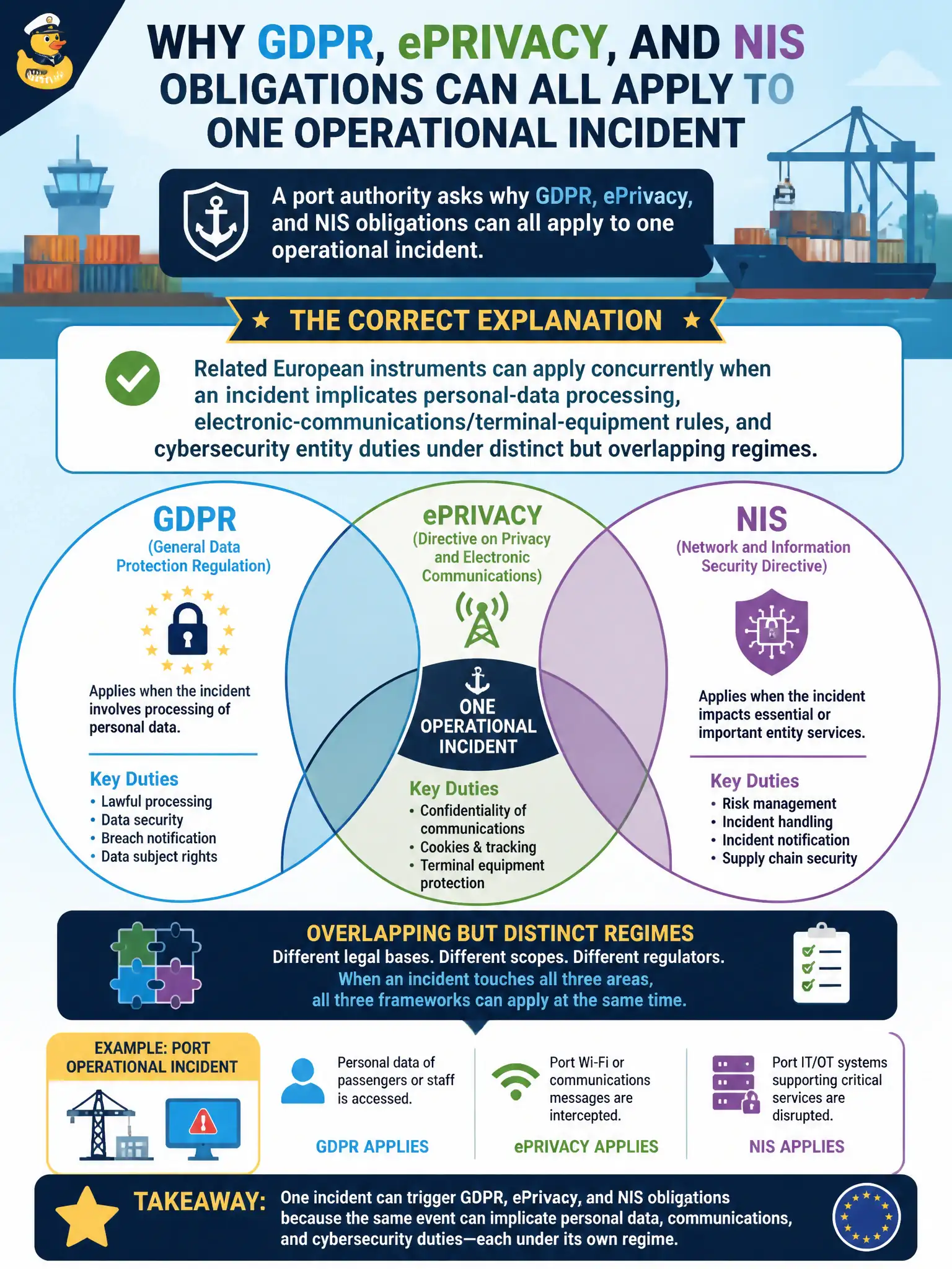 To Create an exciting colorful infographic that explains the concepts in the question: Question: A port authority asks why GDPR, ePrivacy, and NIS obligations can all apply to one operational incident. Which explanation is correct? Correct Answer: Related European instruments can apply concurrently when an incident implicates personal-data processing, electronic-communications/terminal-equipment rules, and cybersecurity entity duties under distinct but overlapping regimes. Put EVERY visible label in double quotes. No people. No A/B/C/D letters. In one of the four corners put a little "Navy Duck".