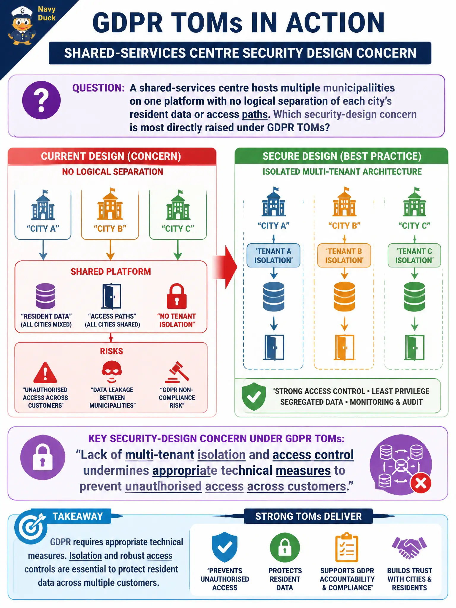To Create an exciting colorful infographic that explains the concepts in the question: Question: A shared-services centre hosts multiple municipalities on one platform with no logical separation of each city’s resident data or access paths. Which security-design concern is most directly raised under GDPR TOMs? Correct Answer: Lack of multi-tenant isolation and access control undermines appropriate technical measures to prevent unauthorised access across customers. Put EVERY visible label in double quotes. No people. No A/B/C/D letters. In one of the four corners put a little "Navy Duck".
