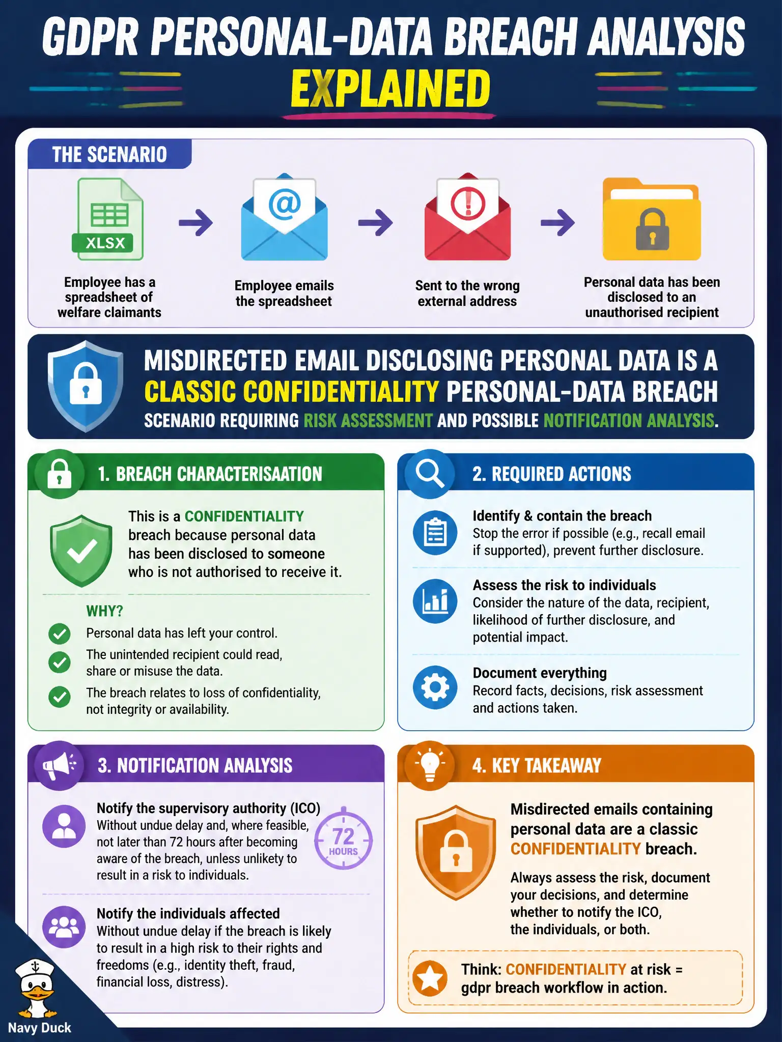 To Create an exciting colorful infographic that explains the concepts in the question: Question: An employee emails a spreadsheet of welfare claimants to the wrong external address. Which characterisation best fits GDPR personal-data breach analysis? Correct Answer: Misdirected email disclosing personal data is a classic confidentiality personal-data breach scenario requiring risk assessment and possible notification analysis. Put EVERY visible label in double quotes. No people. No A/B/C/D letters. In one of the four corners put a little "Navy Duck".