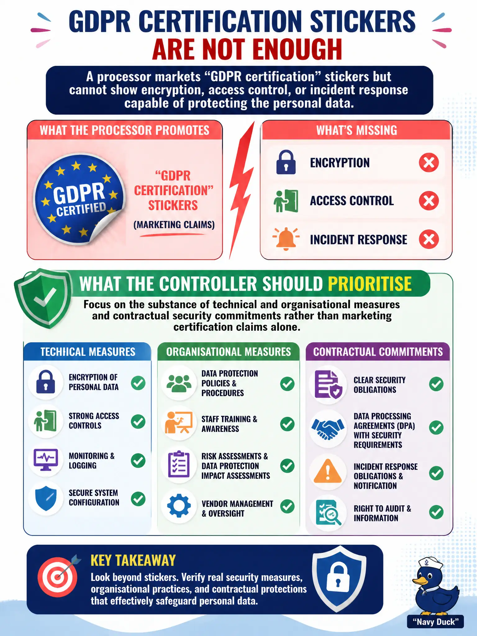To Create an exciting colorful infographic that explains the concepts in the question: Question: A processor markets 'GDPR certification' stickers but cannot show encryption, access control, or incident response capable of protecting the personal data. What should the controller prioritise? Correct Answer: Focus on the substance of technical and organisational measures and contractual security commitments rather than marketing certification claims alone. Put EVERY visible label in double quotes. No people. No A/B/C/D letters. In one of the four corners put a little "Navy Duck".